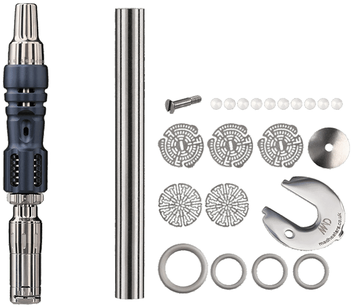 Tempest 2 accessories kit with spare screens, O-rings, C-tool, and zirconia balls on white background