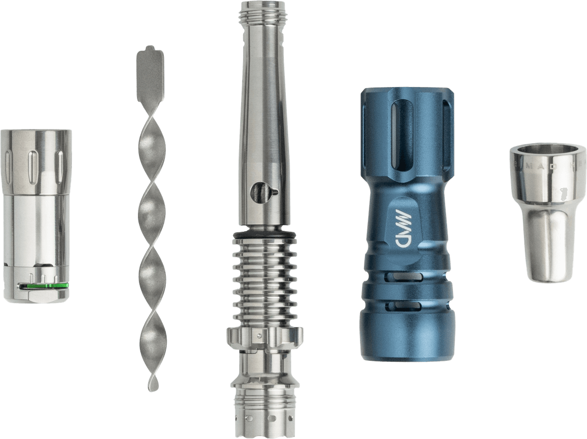Tempest 2 fully disassembled showing stem, chamber, heat shield, spiral insert, mouthpiece, and heating cap