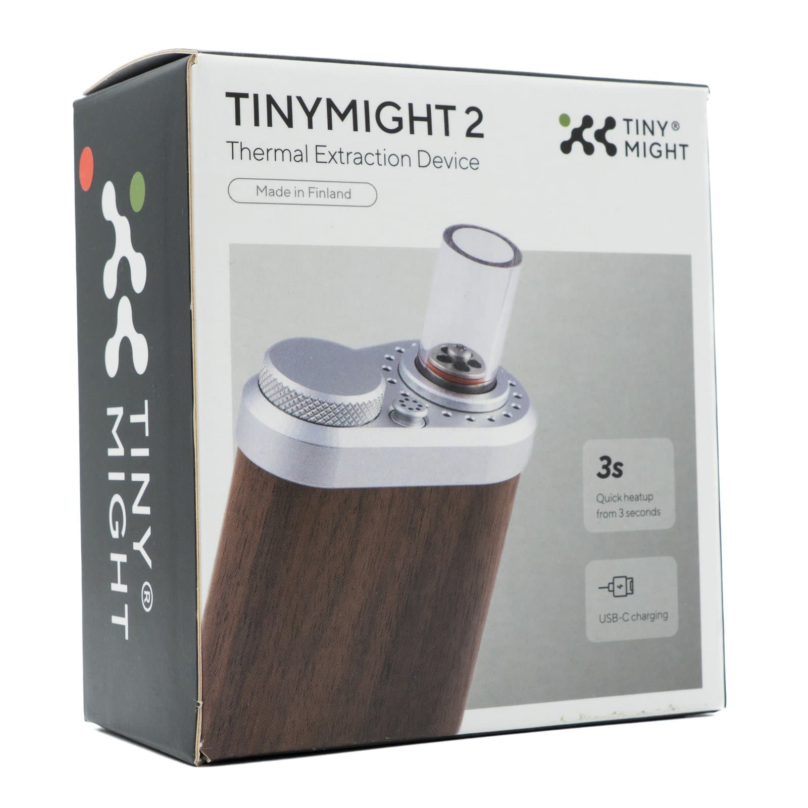 Tinymight-2-Verkaufsbox mit aufgedrucktem Walnuss-Modell und Made-in-Finland-Label