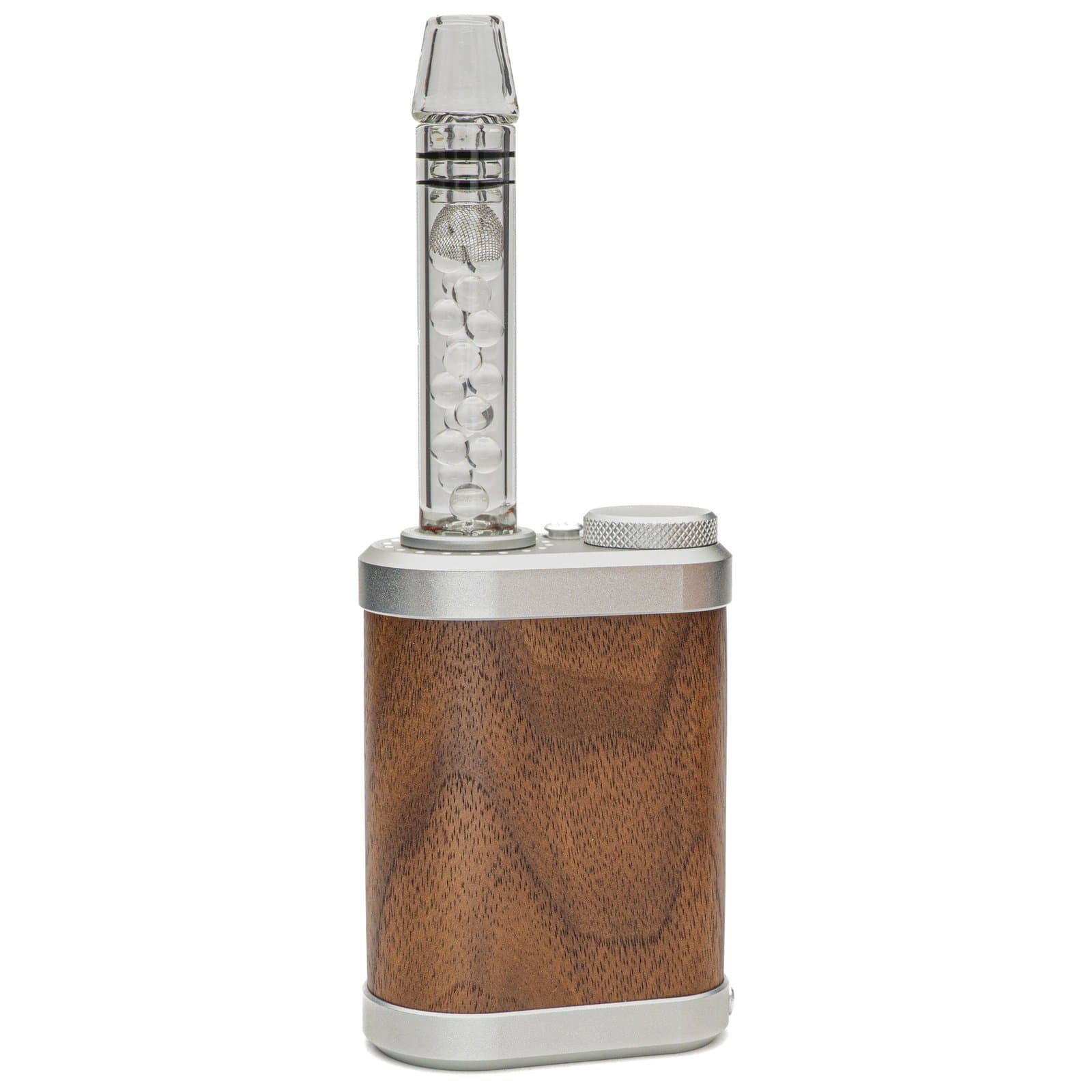 Walnuss-Tinymight 2 mit langem Glas-Bubbler-Stem, stehend vor weißem Hintergrund