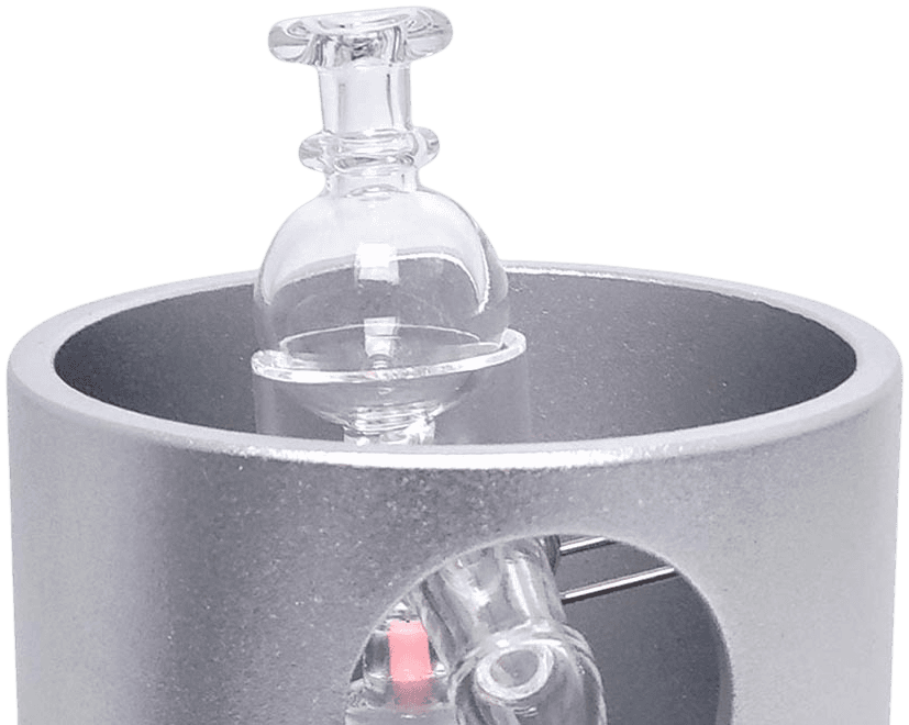 Universal Baller glass piece seated in the heating coil on the docking station, top-down view of the chamber during a heat soak