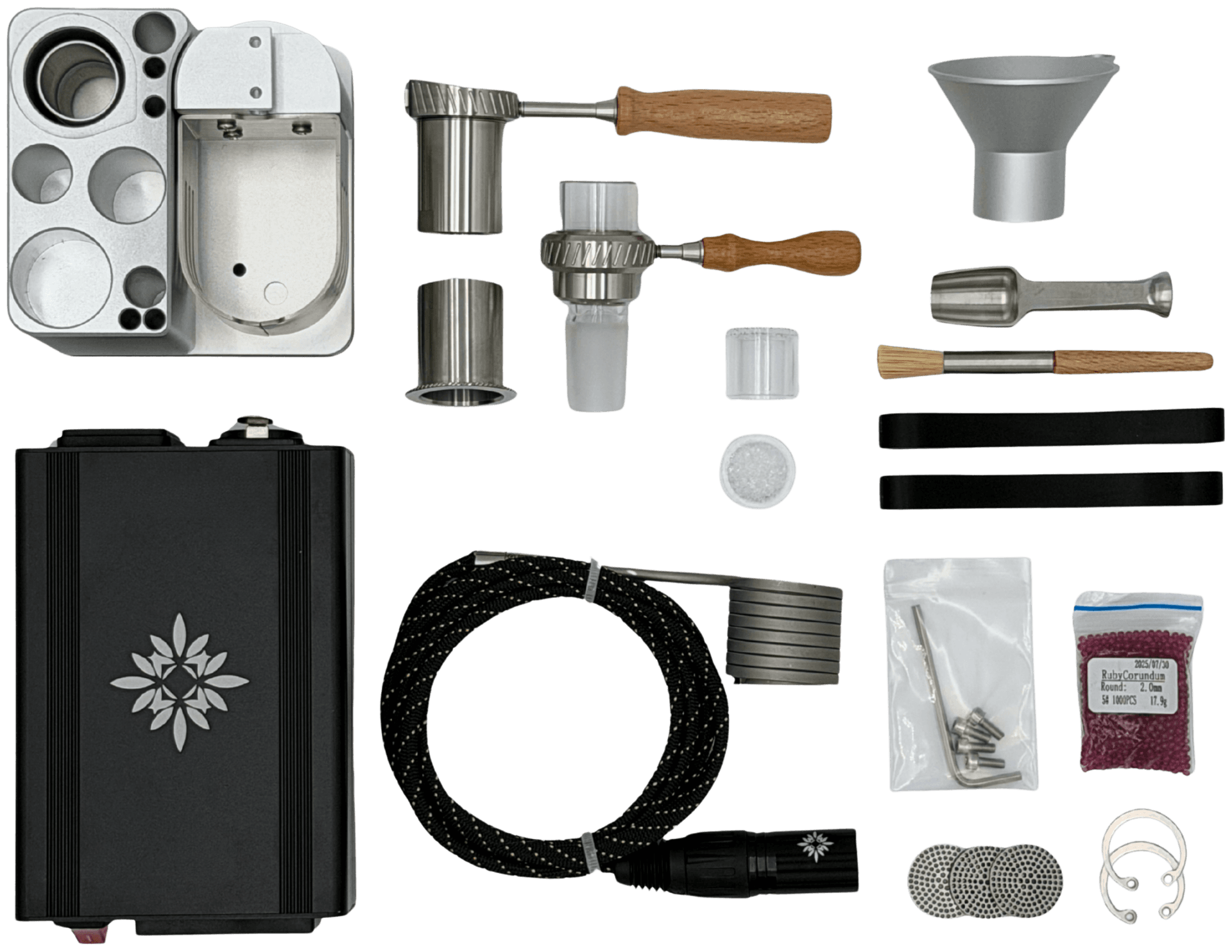 Universal Baller complete kit disassembled with PID controller, docking station, hybrid bowl, handles, and tools laid out on a white background