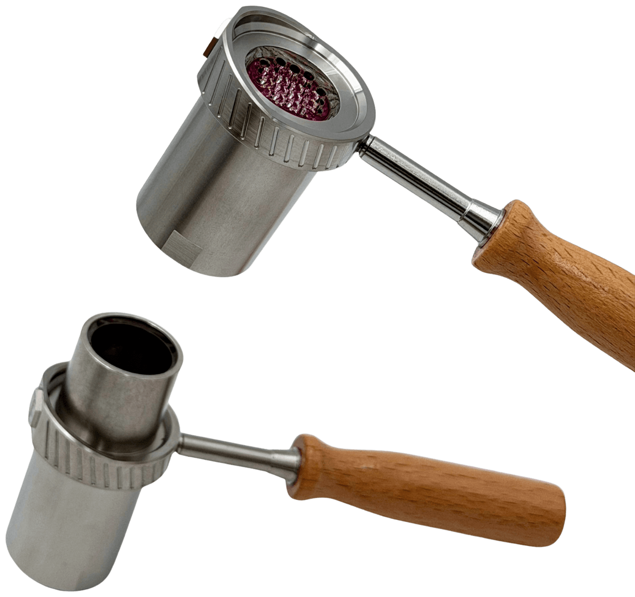 Universal Baller head fully loaded with ruby beads and the wooden handle attached in a dialed-in configuration