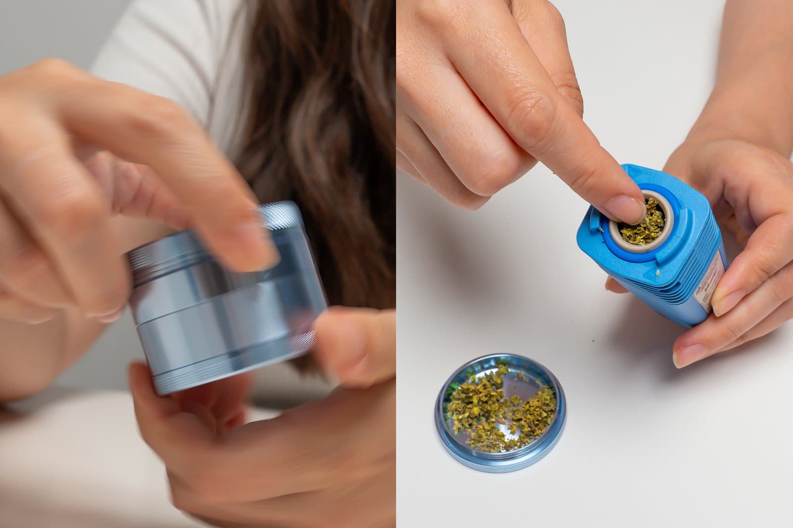 Cannabis wird gemahlen und dann in die Heizkammer des blauen Veazy gefüllt