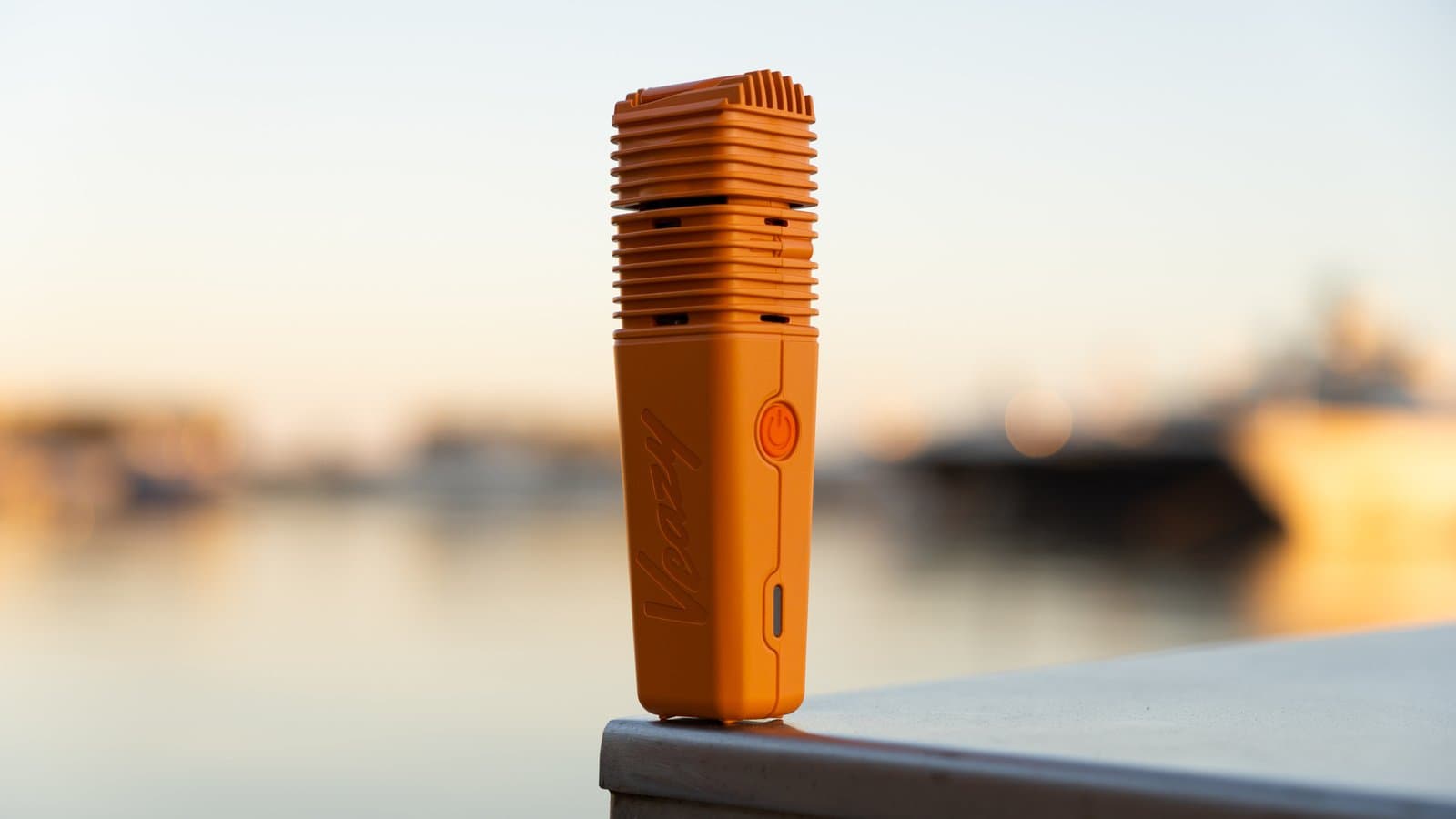 Oranger Veazy steht auf einem Vorsprung vor Hafen-Bokeh im Sonnenuntergang