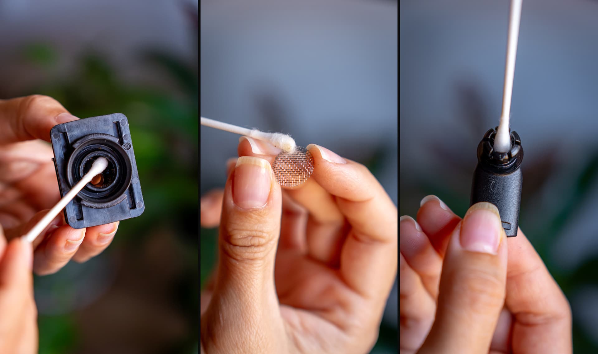 Cotton swabs cleaning the Venty cooling unit base, a screen and the mouthpiece