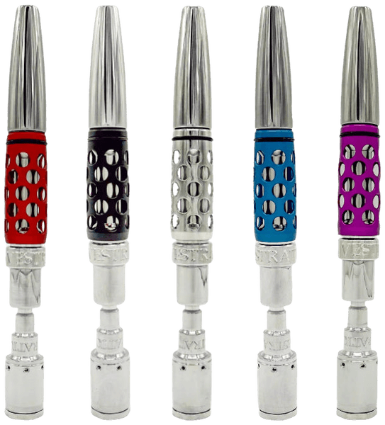 Five Vestratto Tornado vaporizers in red, black, silver, blue, and pink color variants