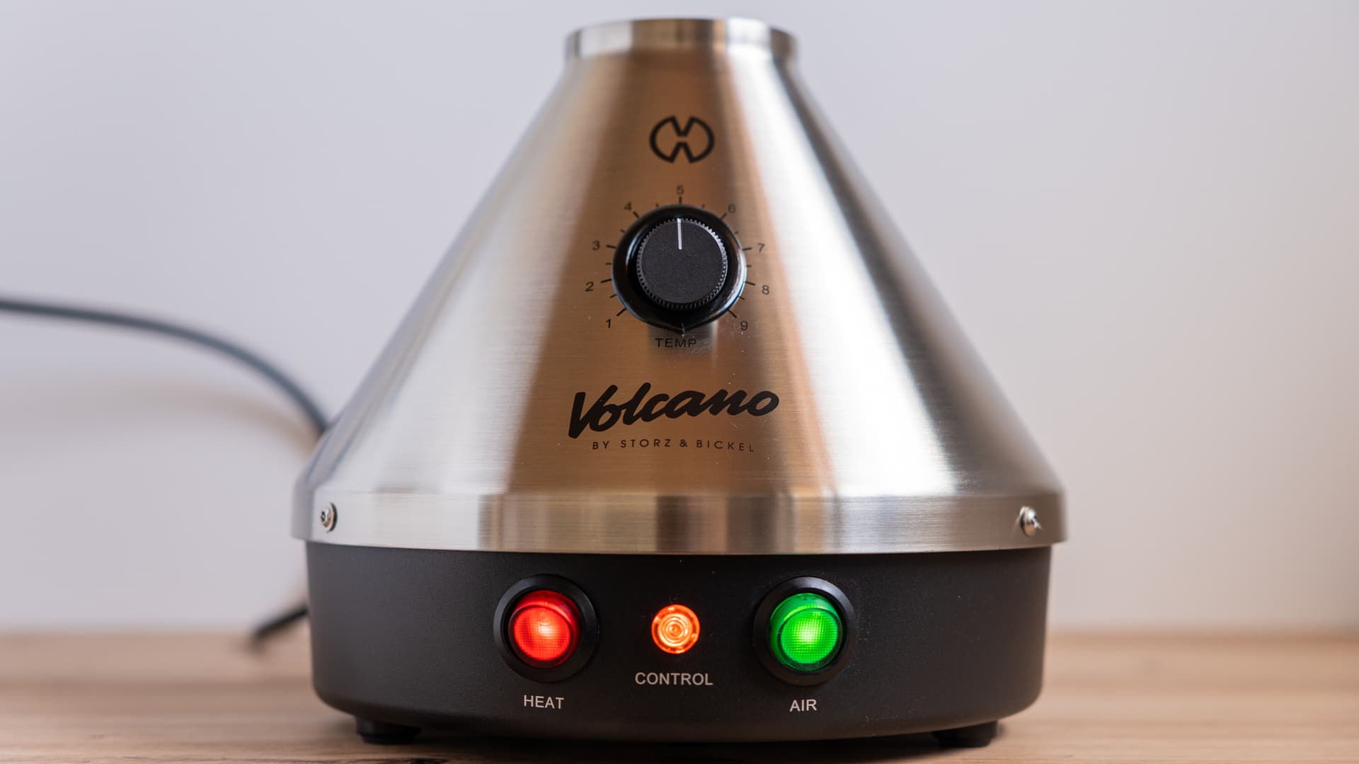 Volcano Classic stainless steel body powered on showing HEAT, CONTROL, and AIR indicators