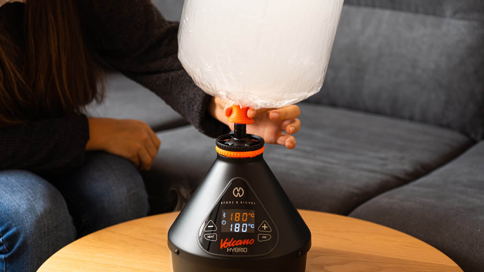 A filled balloon detached from the Volcano Hybrid base, valve sealed
