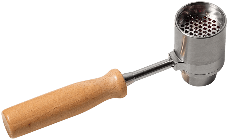 WOHW V2 stainless steel bowl head with perforated screen showing chamber opening and wood handle