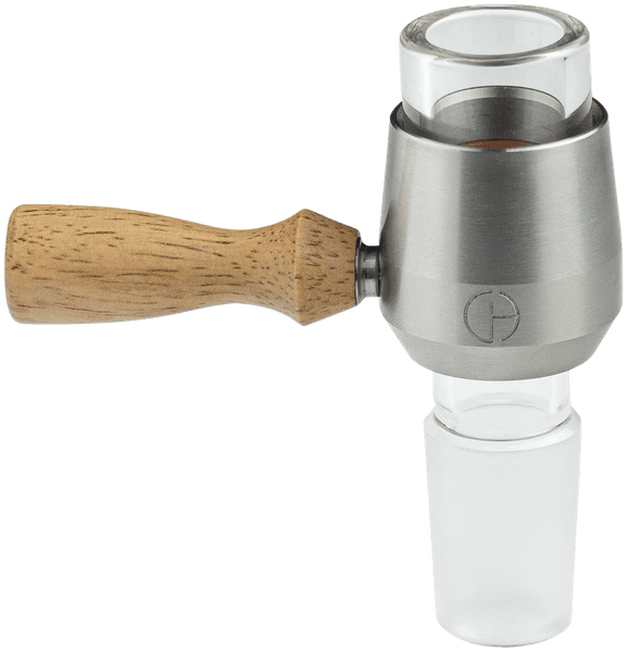 WOHW V2 wand with wood handle attached to glass adapter showing glass joint connection