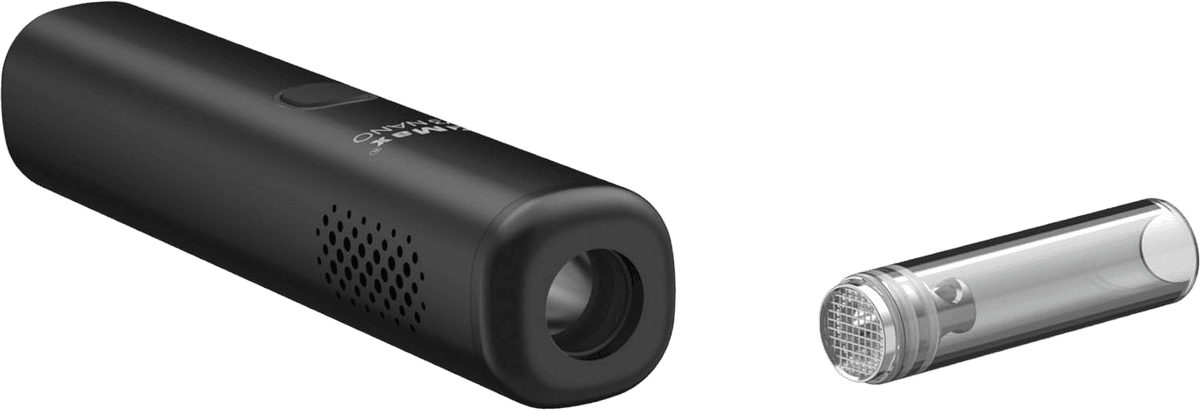 Silbernes Gehäuse des XMAX V3 Nano mit abgenommenem Borosilikatglas-Mundstück, zu sehen sind die O-Ring-Dichtung und die Komponenten des Dampfwegs