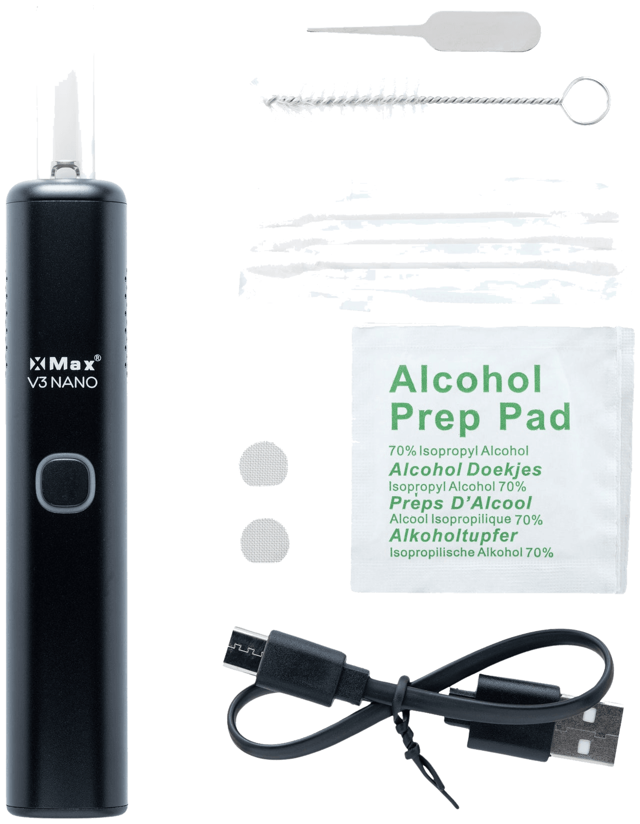 Produktabbildung des XMAX V3 Nano mit USB-C-Kabel und Reinigungszubehör