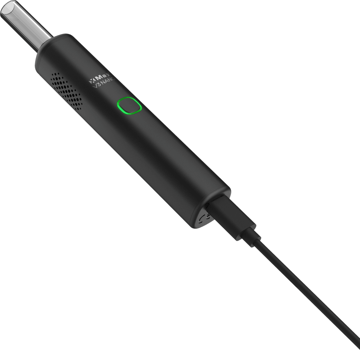 XMAX V3 Nano with USB-C charging cable connected and green LED indicator lit