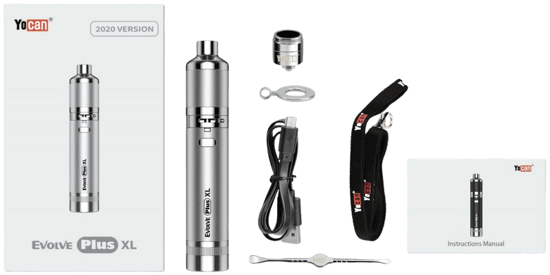 Yocan Evolve Plus XL complete kit with box, USB cable, lanyard, dab tool, coil, and manual