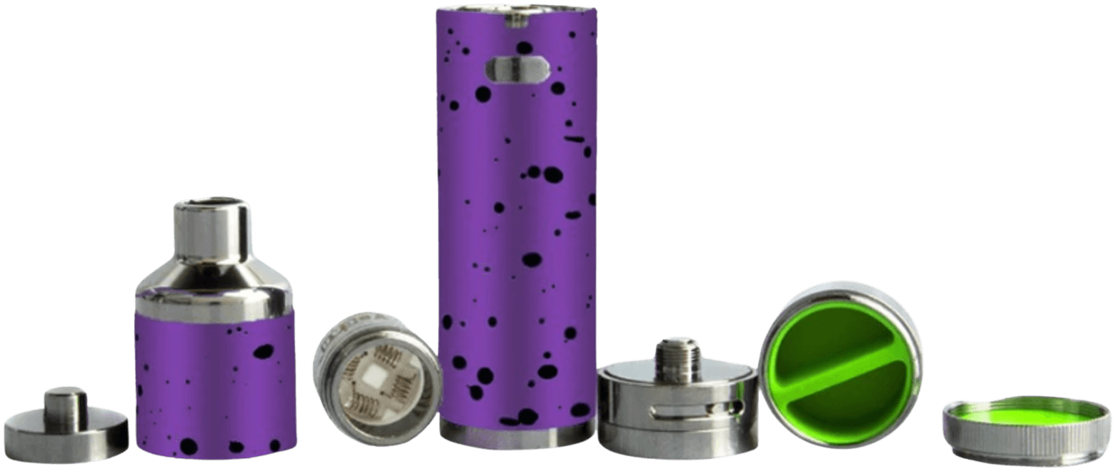 Yocan Evolve Plus XL fully disassembled showing battery, atomizer, coil, silicone jar, and all components laid out