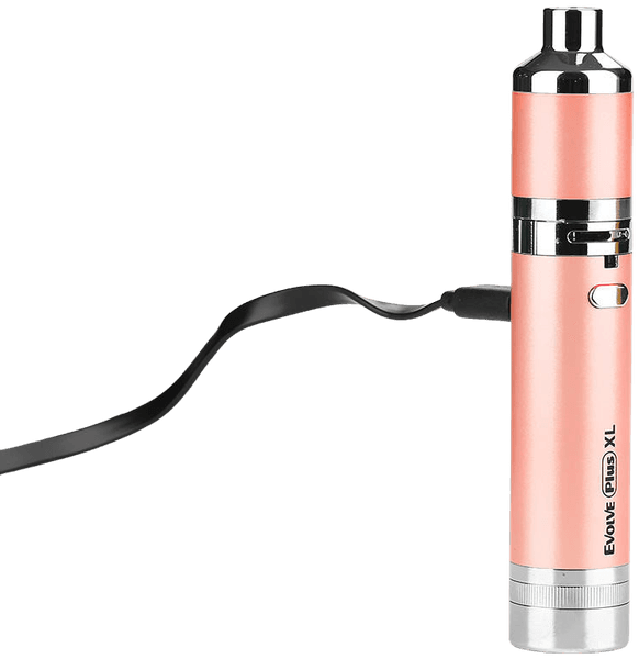 Yocan Evolve Plus XL in sakura pink charging via USB cable connected to laptop