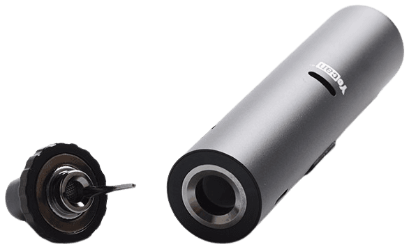 Silver Yocan Hit disassembled showing magnetic mouthpiece with stirring tool and open chamber