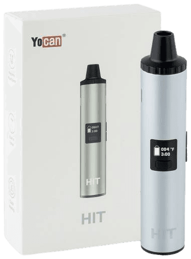 Yocan Hit in silver displayed next to its retail packaging box