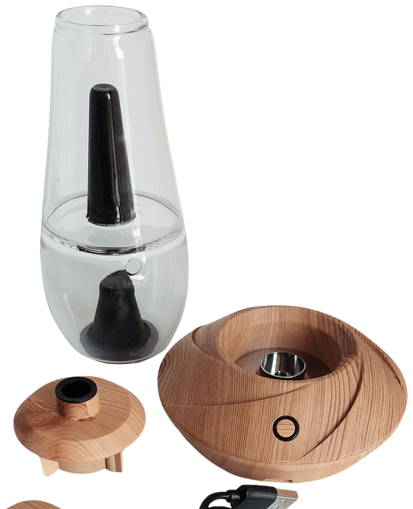 Zerlegtes Zenco Duo Wood Testexemplar mit Heizkammer, Atomizer-Aufnahme und Basis-Komponenten