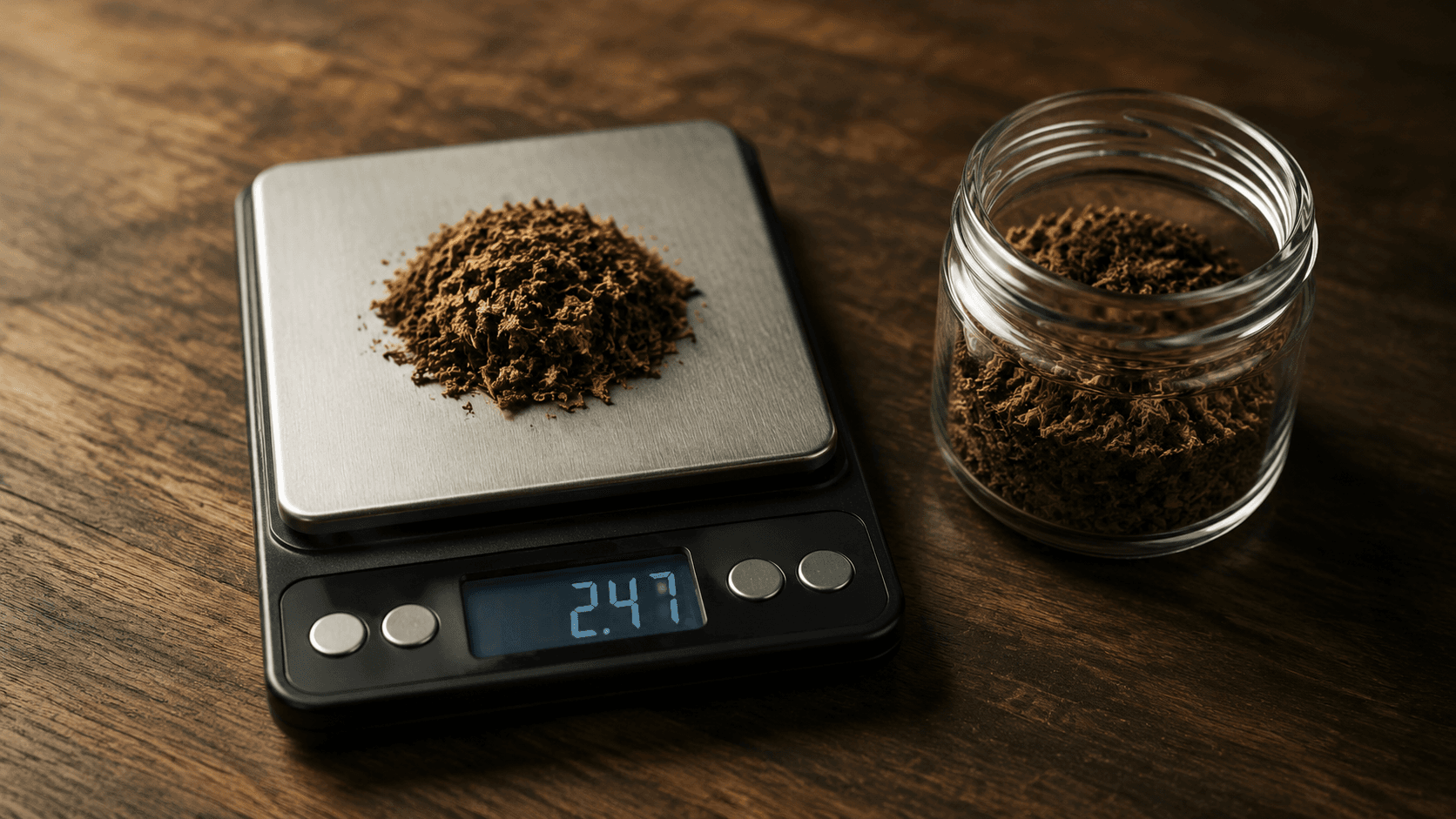 Digital kitchen scale displaying 2.47 grams of medium-brown AVB on the stainless steel platform, with a glass jar of AVB beside it on dark walnut wood