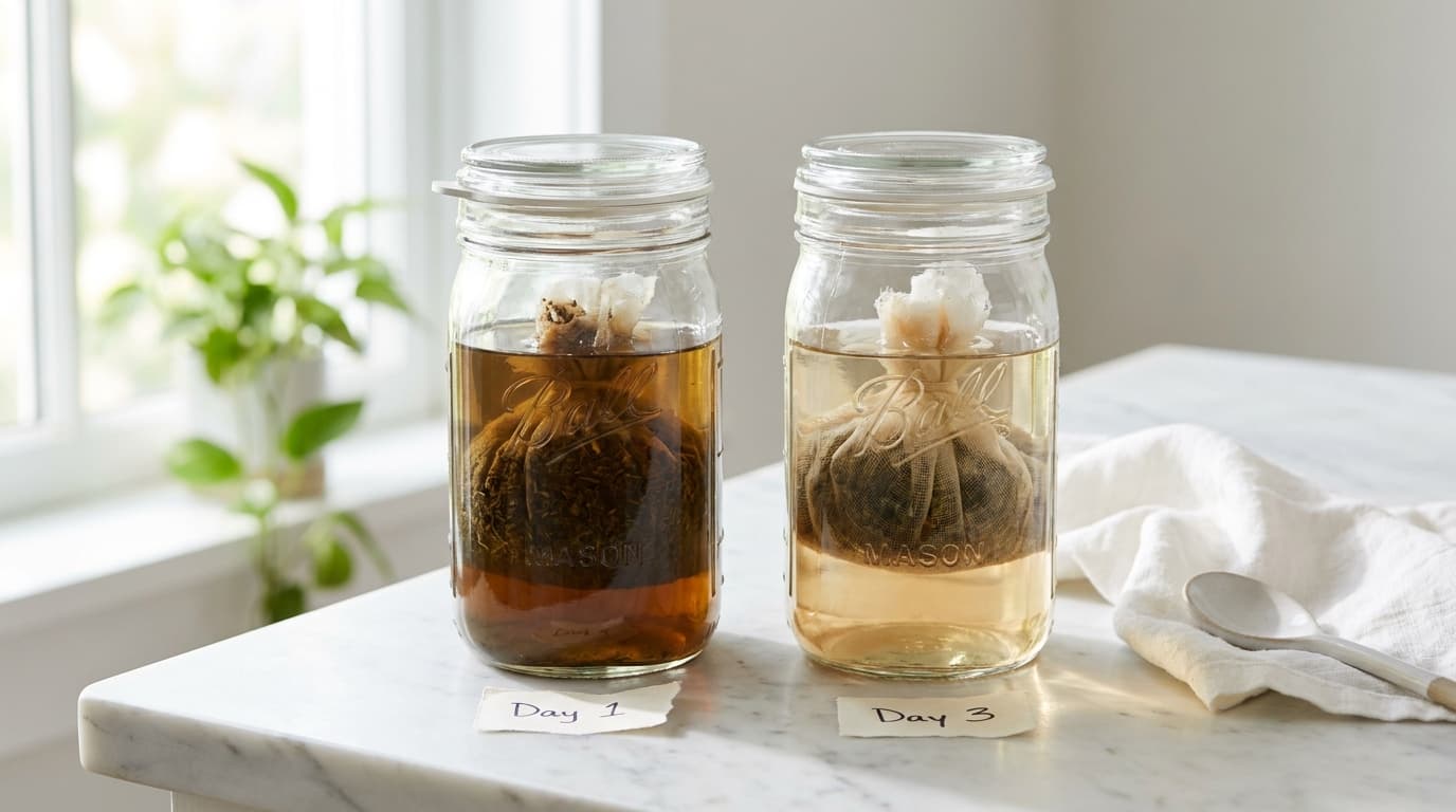 Two glass mason jars with cheesecloth bundles of AVB submerged, murky tea-brown day 1 water next to nearly clear day 3 water on a marble counter
