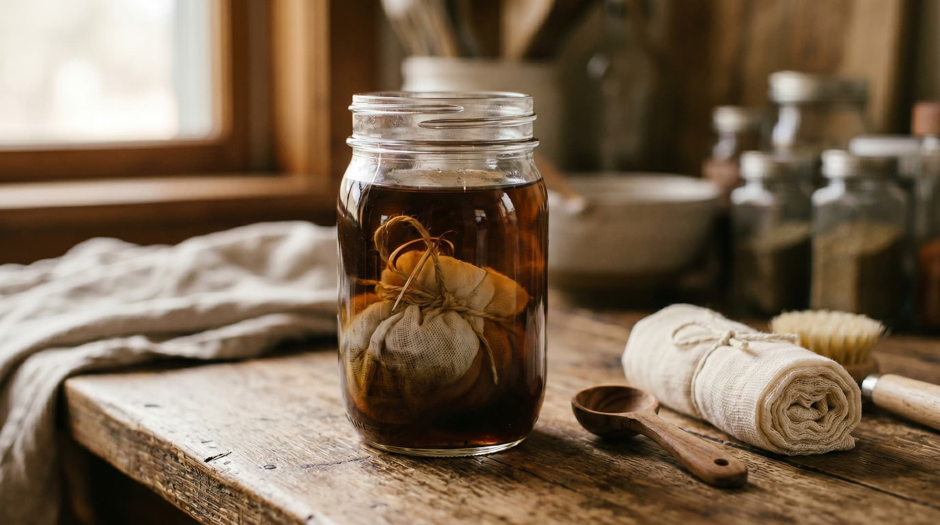 Glass mason jar of brown-tinted water with a cheesecloth bundle of AVB submerged inside, on a rustic wood kitchen counter