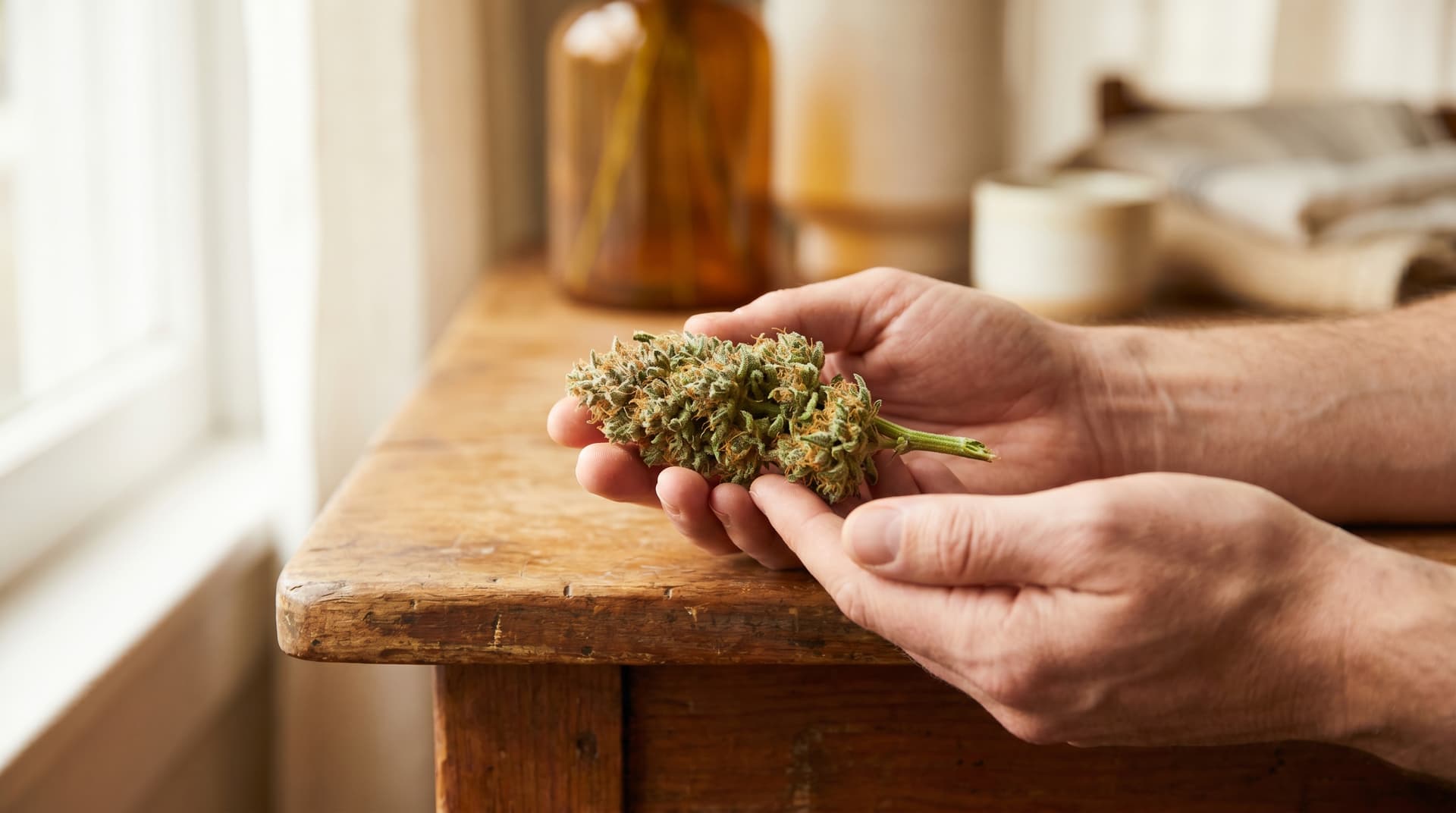 Hands holding a fresh cannabis bud with visible trichome coverage under soft daylight