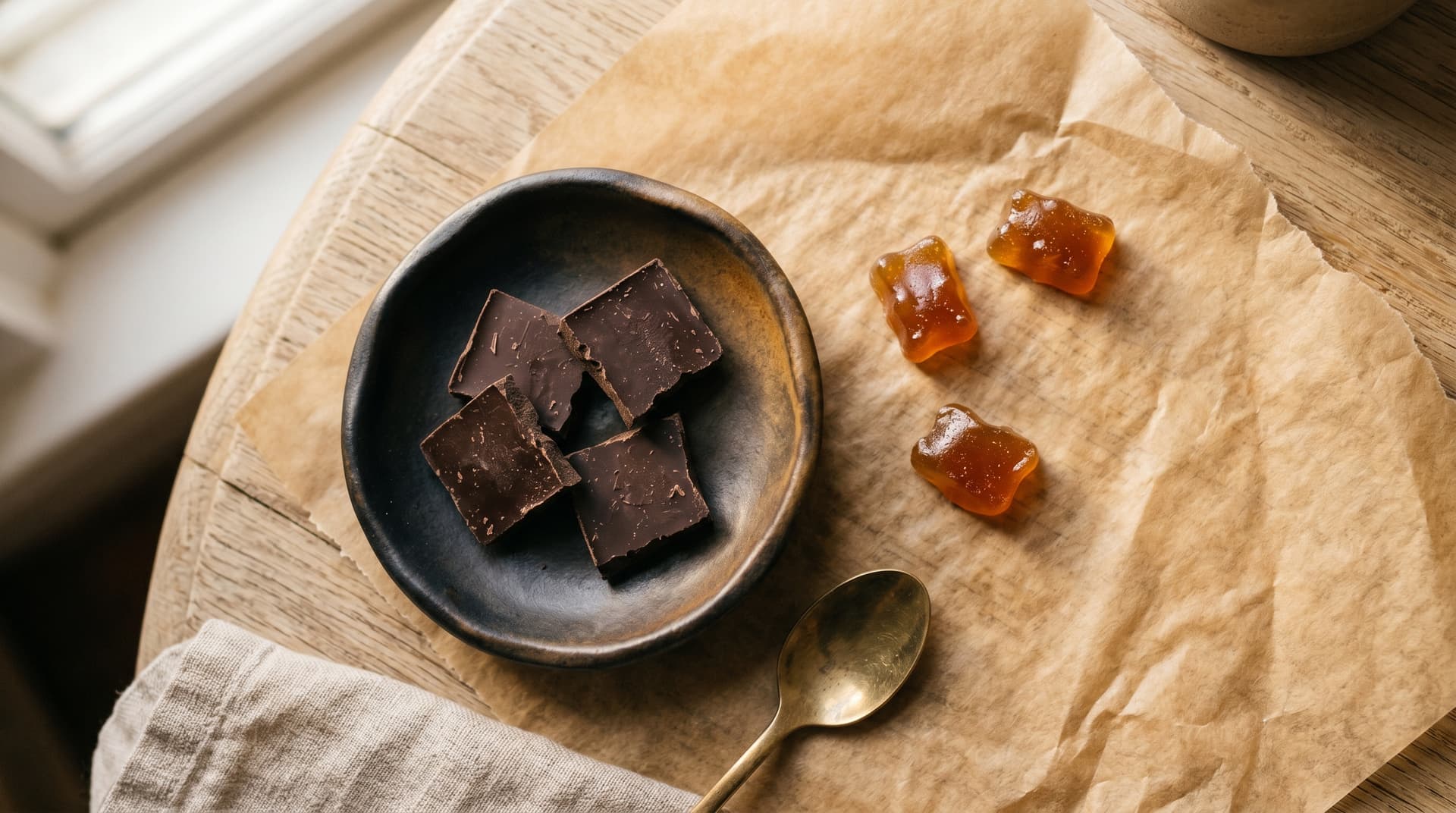Overhead food-magazine shot on warm parchment paper over light wood: a ceramic dish of dark chocolate squares beside three irregular amber gummies, soft side light from a window.