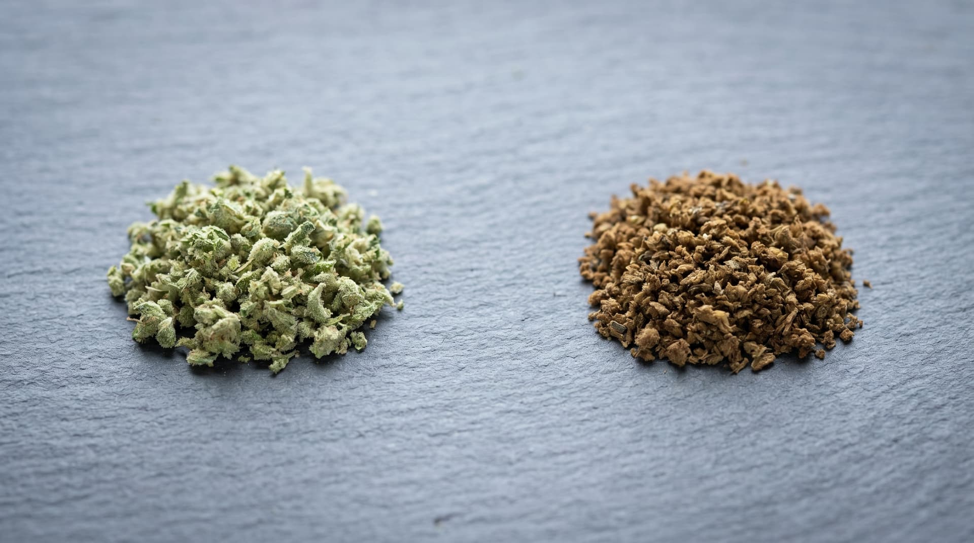 Overhead macro photograph on a slate gray surface showing a pile of bright sage green ground cannabis on the left and an equal-sized pile of evenly toasted medium-brown already-vaped bud on the right.