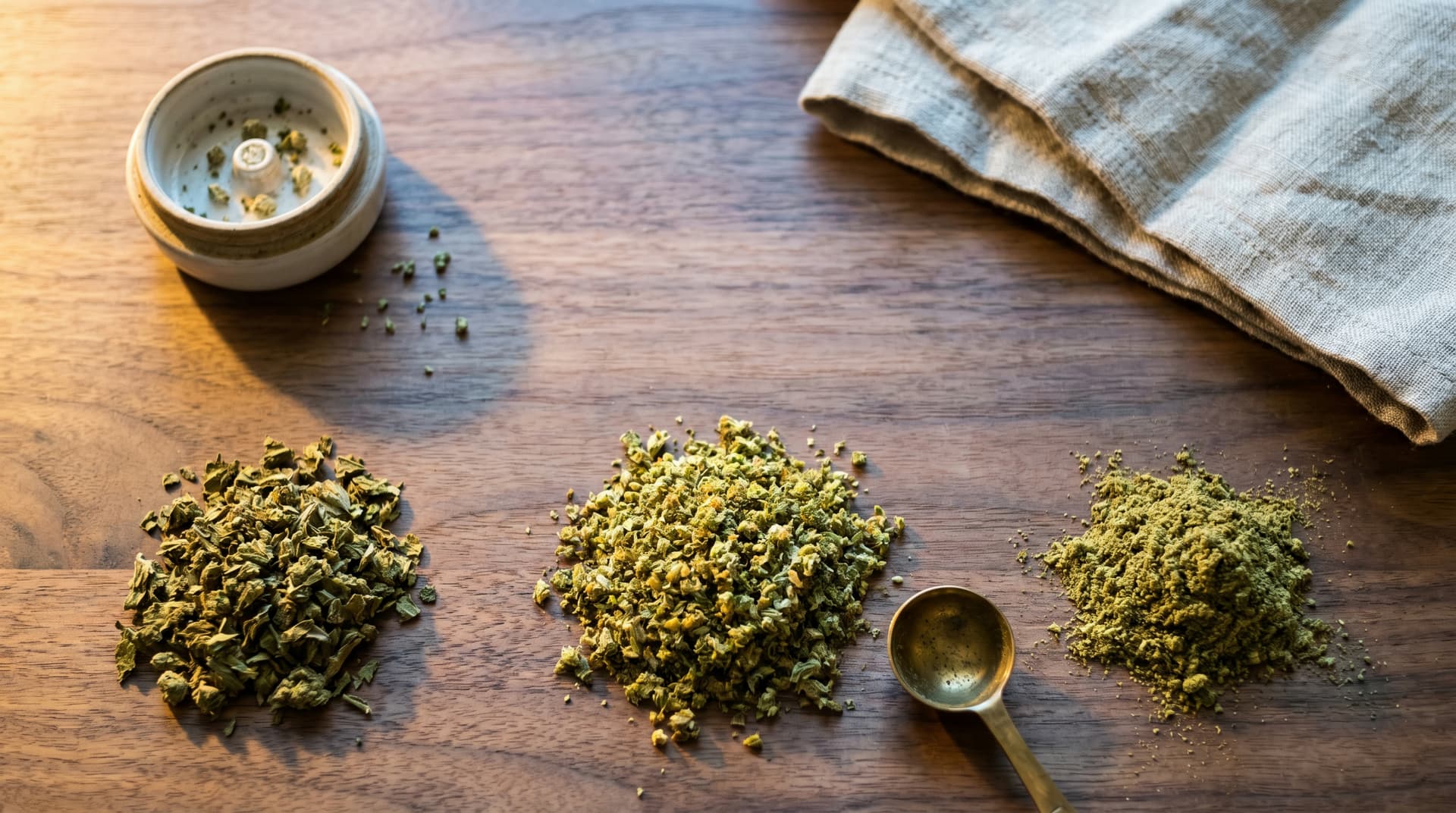 Overhead view of three small piles of ground cannabis on a dark slate surface: coarse chunks on the left, uniform medium grind in the middle, fine powder on the right