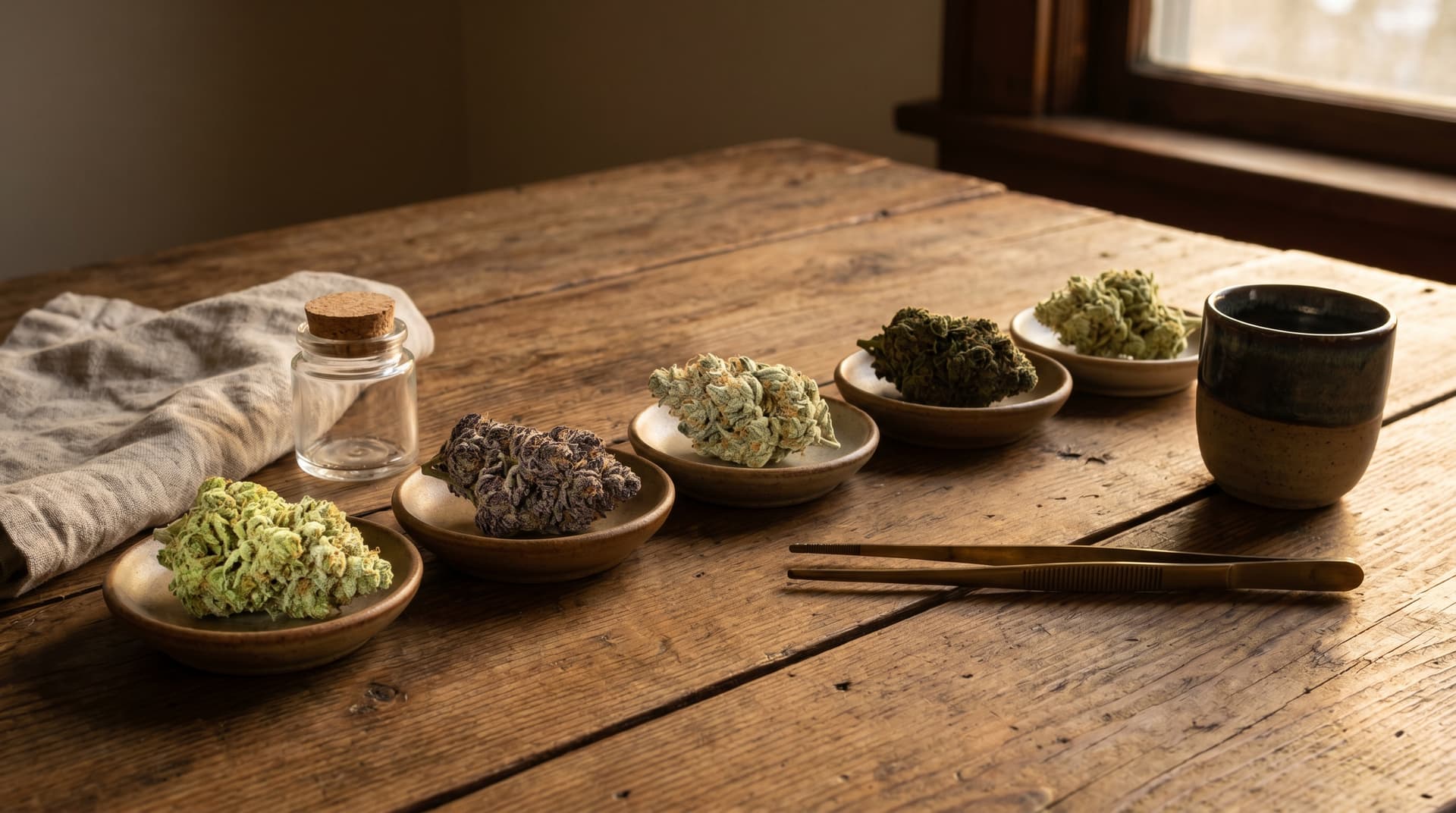 Editorial overhead flat-lay of five distinct cannabis buds arranged like a tasting flight on a warm wooden surface, ranging from frosty lime green to deep purple, each visually distinct