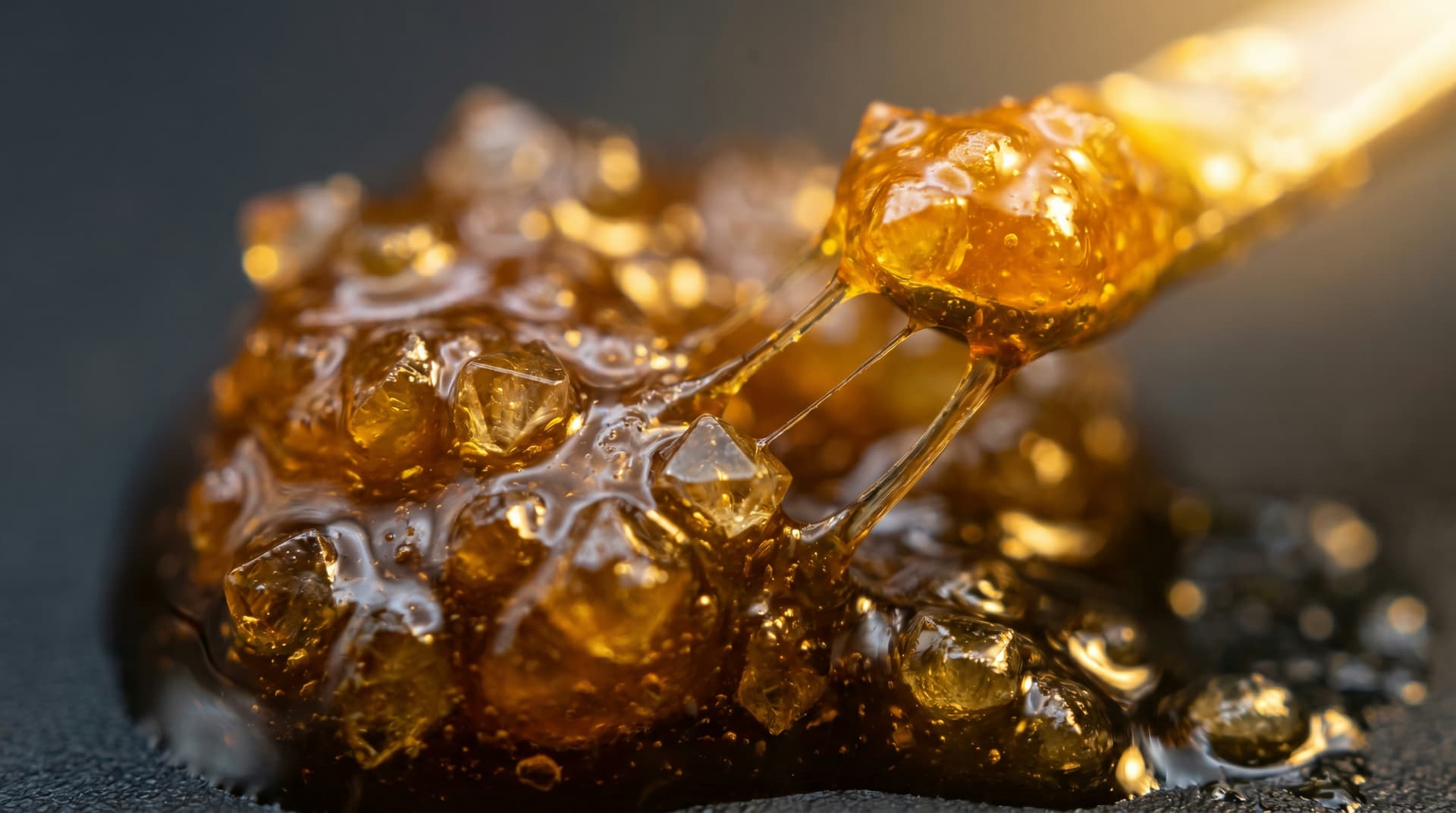 Macro close-up of live resin diamonds suspended in glistening terpene sauce, showing crystalline structure and amber liquid