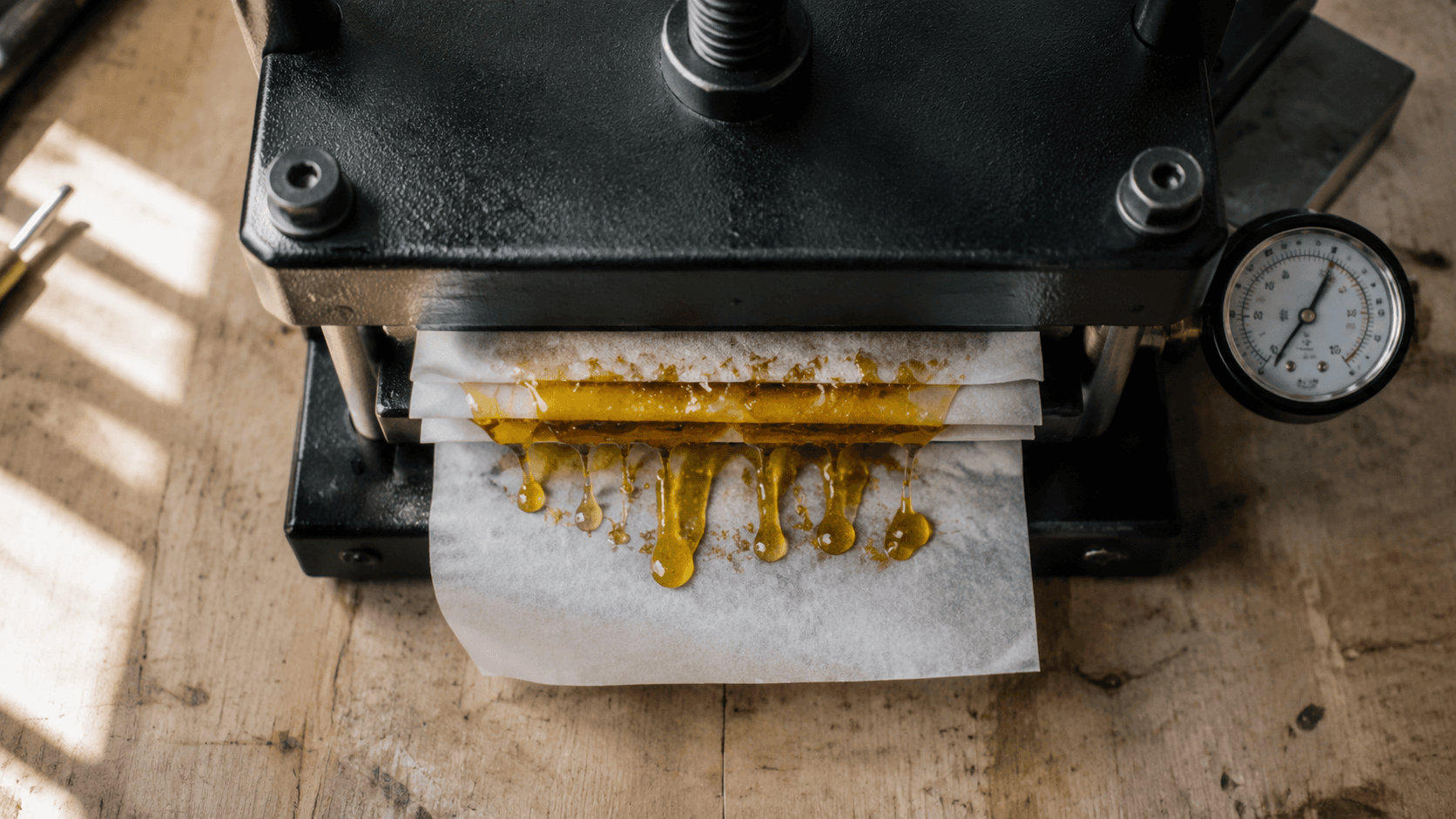 Overhead view of a rosin press squeezing translucent golden sap from cannabis between sheets of parchment paper