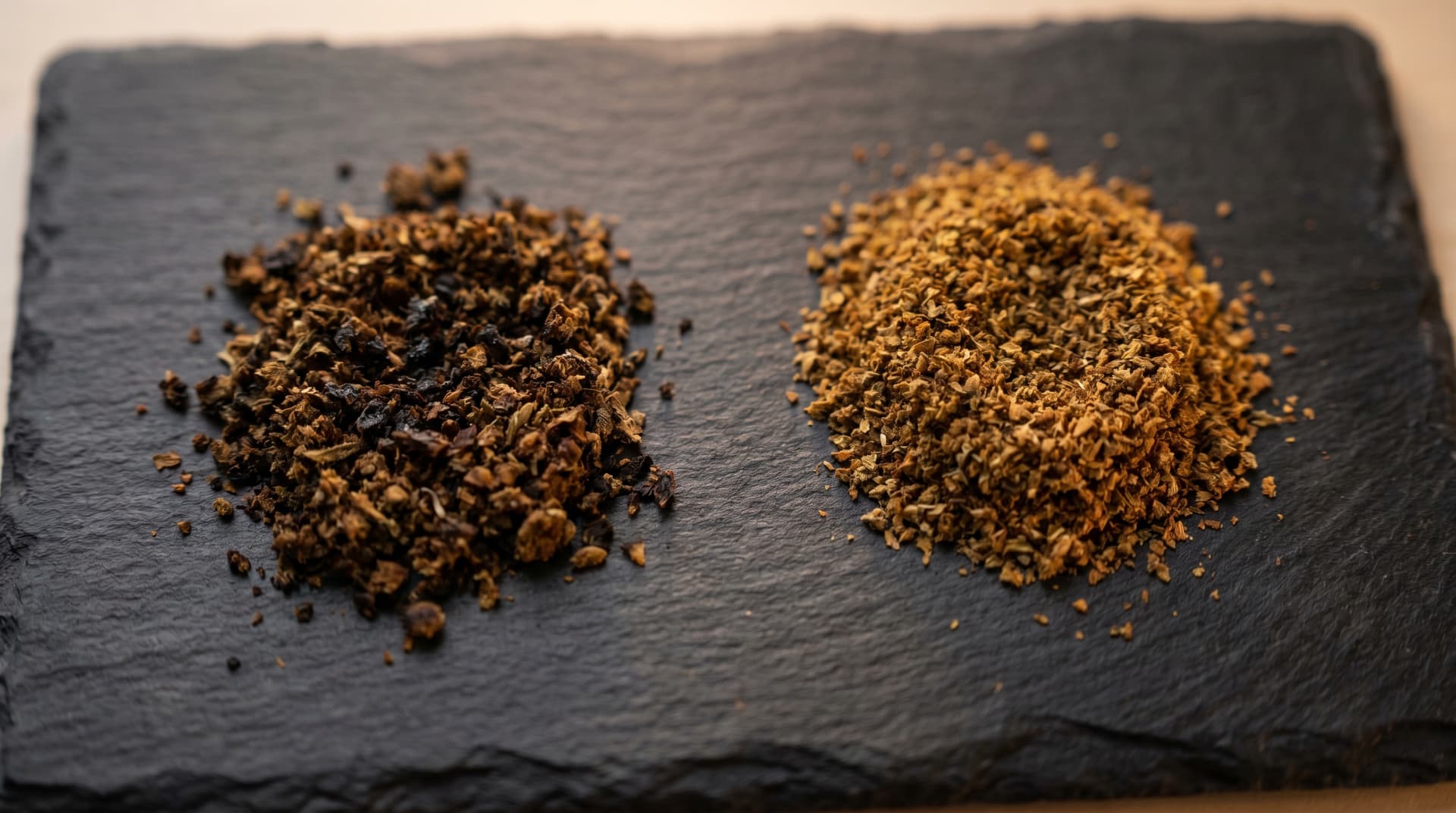 Side-by-side comparison of already-vaped cannabis: dark, unevenly extracted conduction AVB on the left versus uniformly golden-brown convection AVB on the right