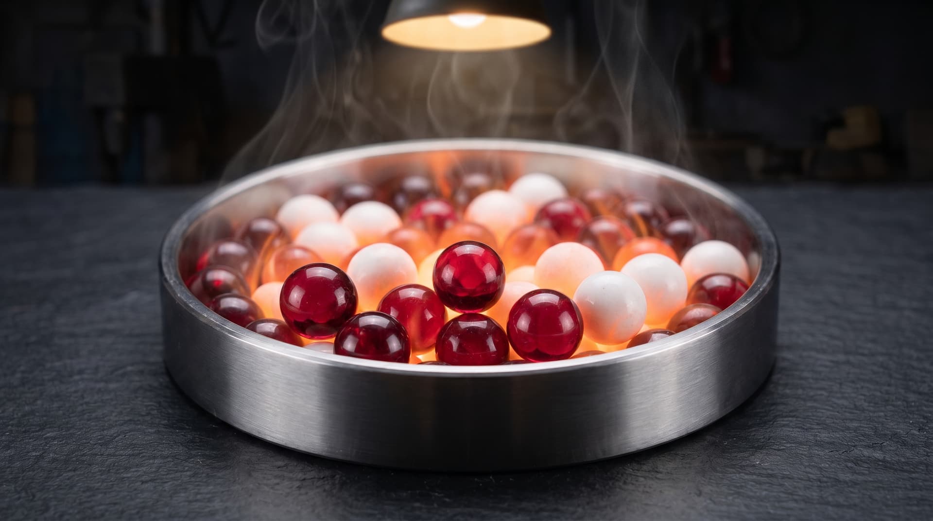Extreme macro photograph of a stainless steel chamber packed with red ruby and white zirconia spheres, faint orange thermal glow visible on their surfaces, dark moody background