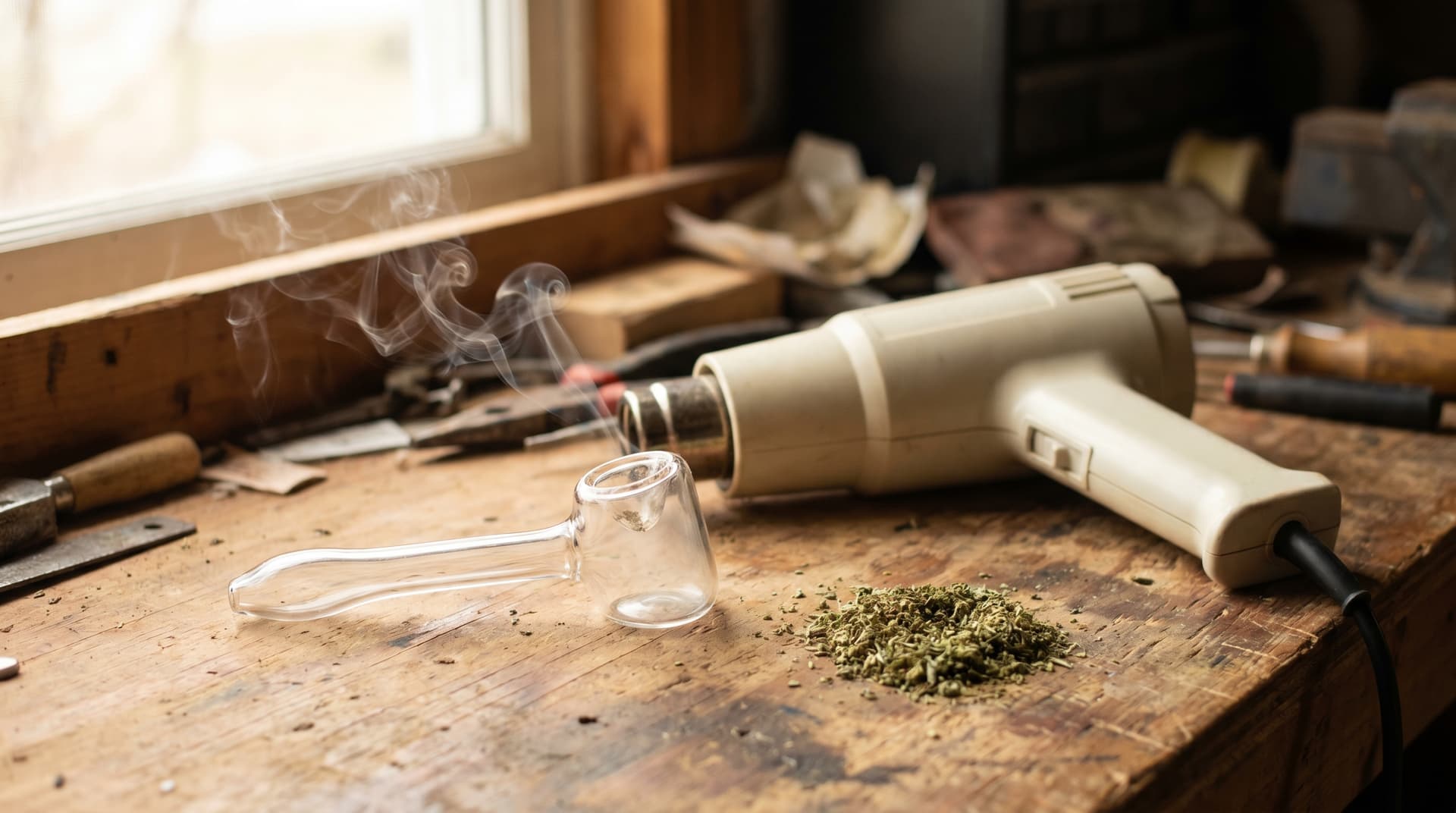 A clear borosilicate glass pipe and a cream-colored vintage heat gun arranged on a warm wooden workbench, soft natural daylight, dried herb beside the pipe