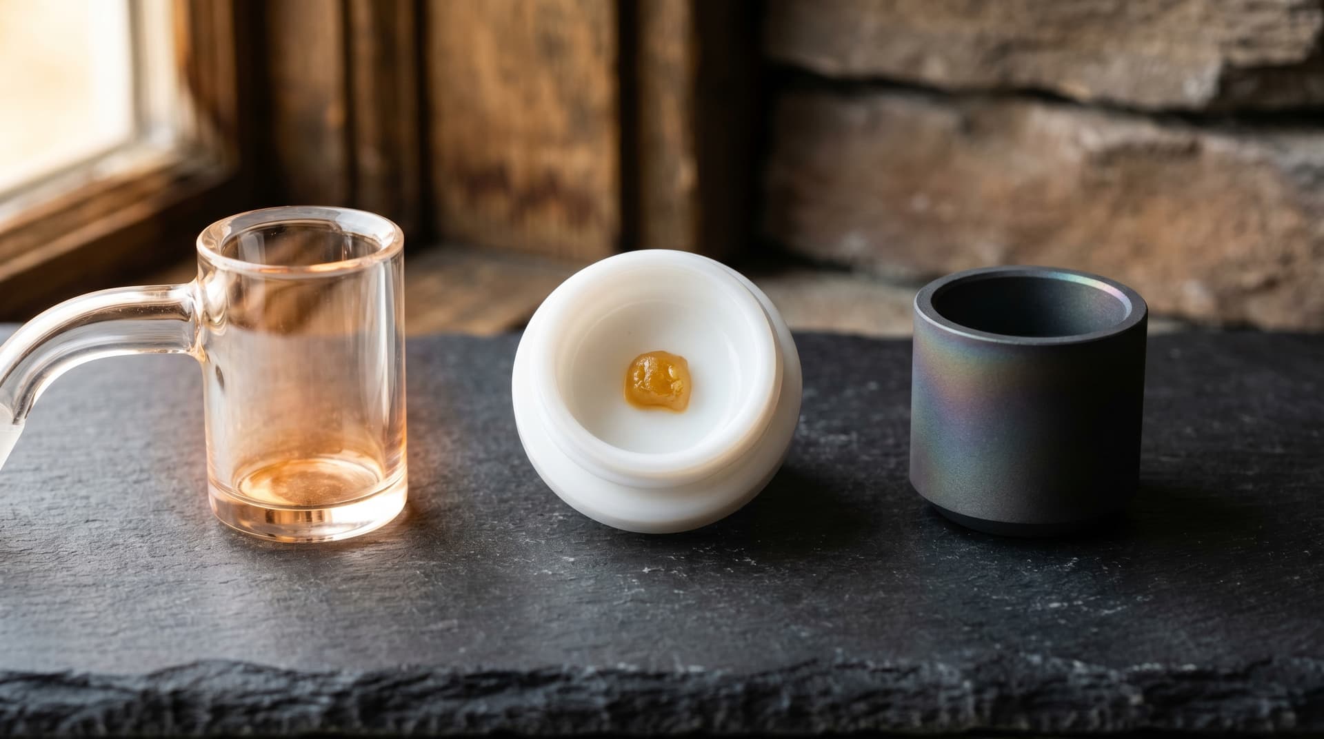 Three concentrate chamber materials arranged on a slate surface: a glowing quartz banger, a white ceramic insert, and a dark gray silicon carbide cup