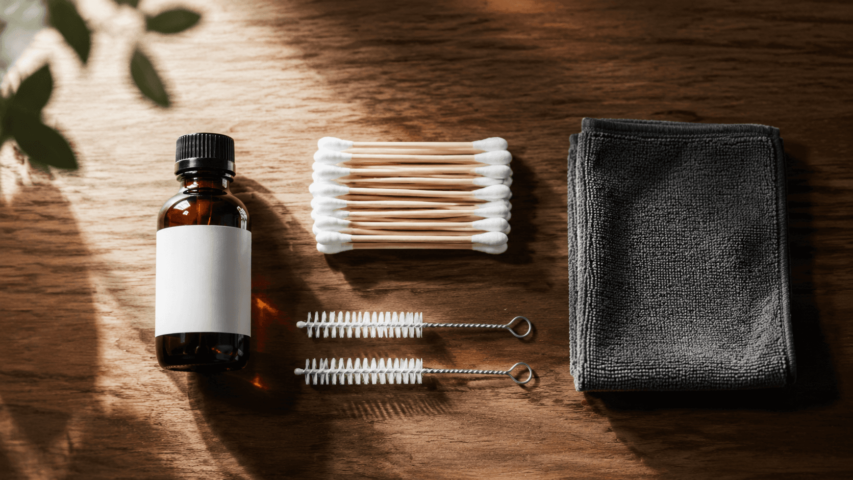 Overhead flat-lay of an amber bottle of isopropyl alcohol, cotton swabs, pipe cleaners, and a folded microfiber cloth on a walnut wood surface