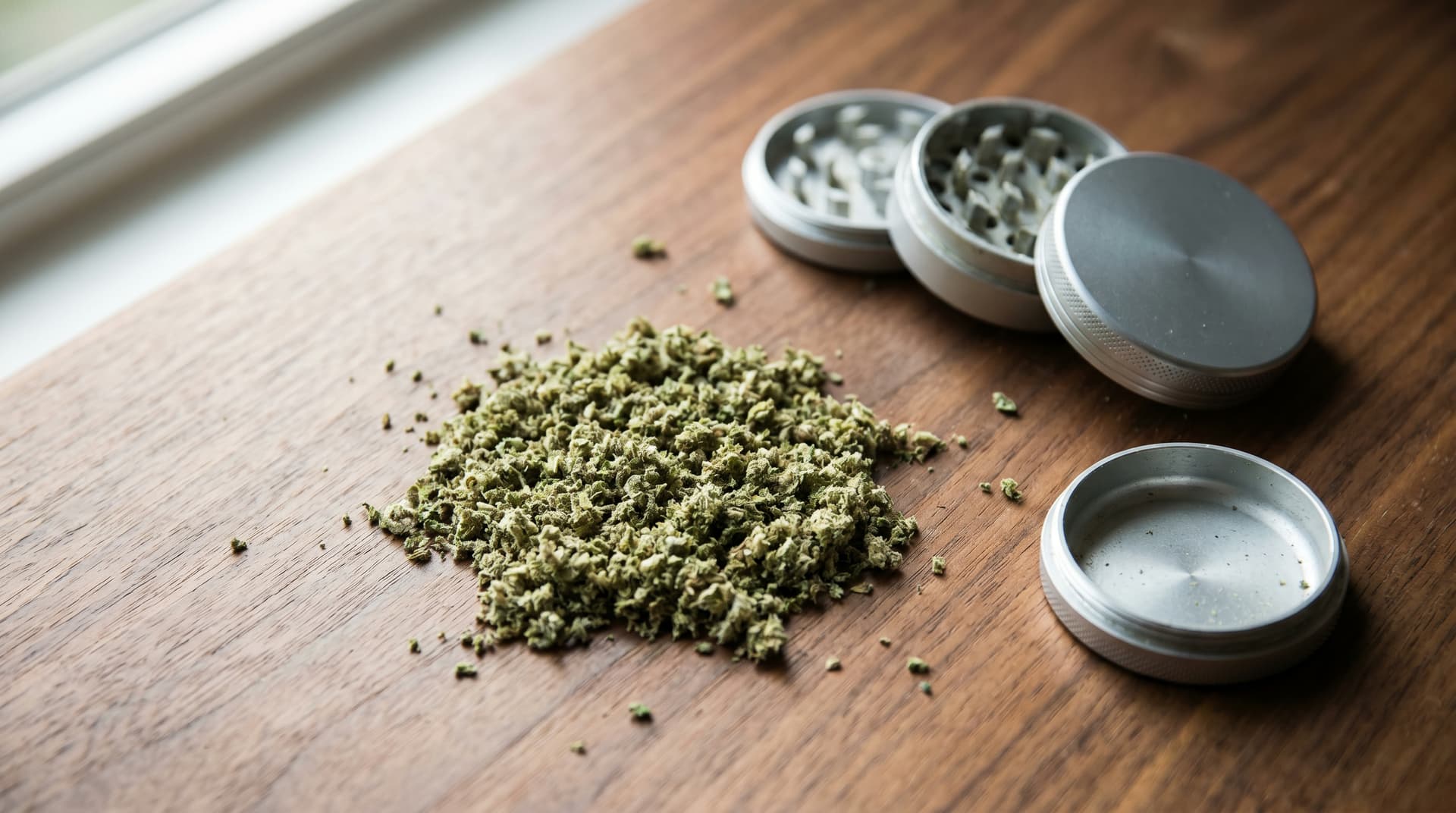 Overhead view of medium-fine ground cannabis on a walnut surface next to an open four-piece aluminum grinder