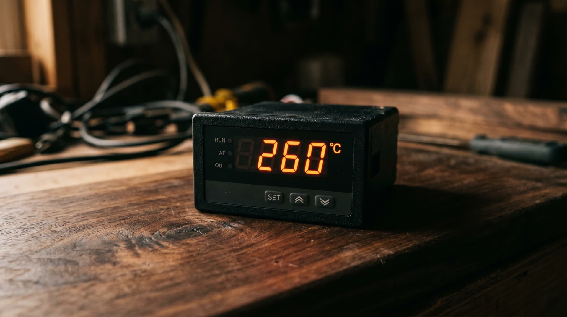 Black PID temperature controller displaying 260°C in orange LED digits with RUN, AT, and OUT indicator lights and SET button on a wooden desk