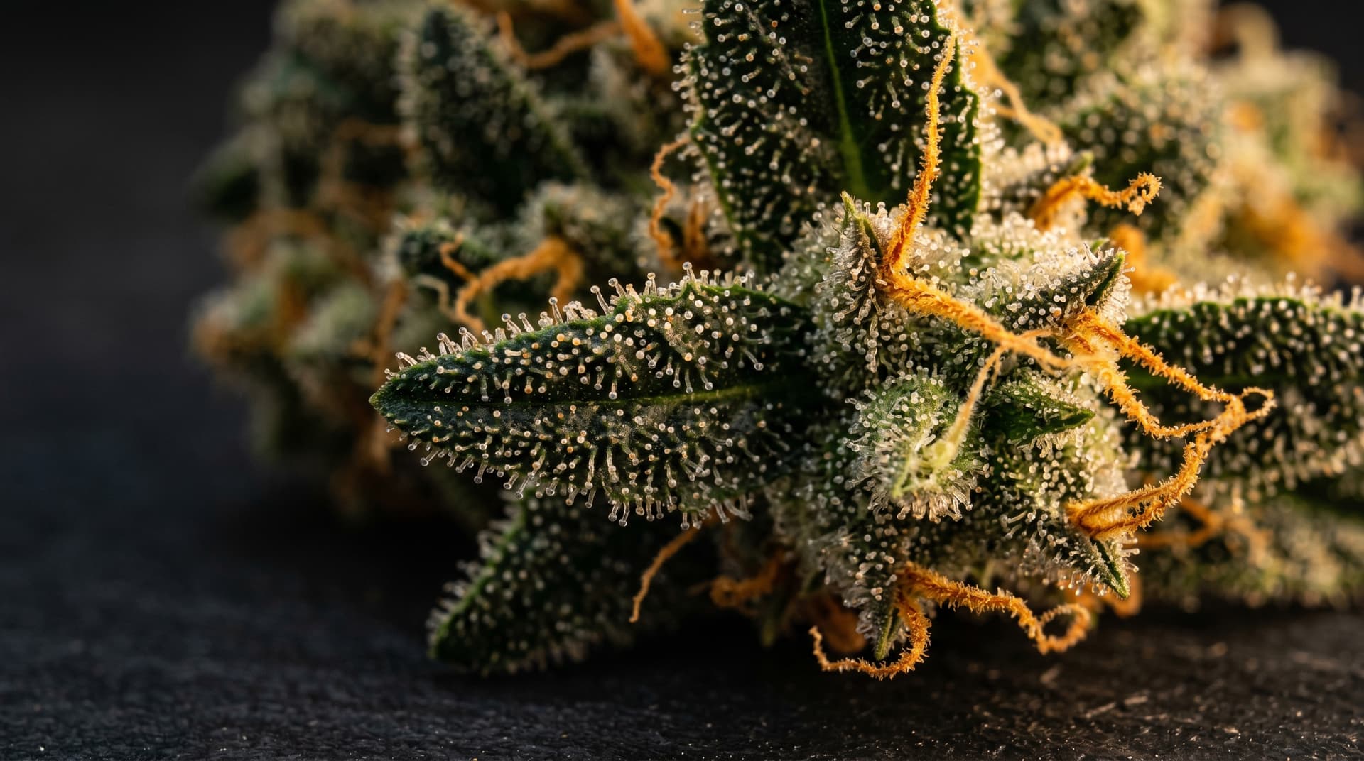 Extreme macro of cannabis flower surface covered in mushroom-shaped trichome resin glands catching warm side light