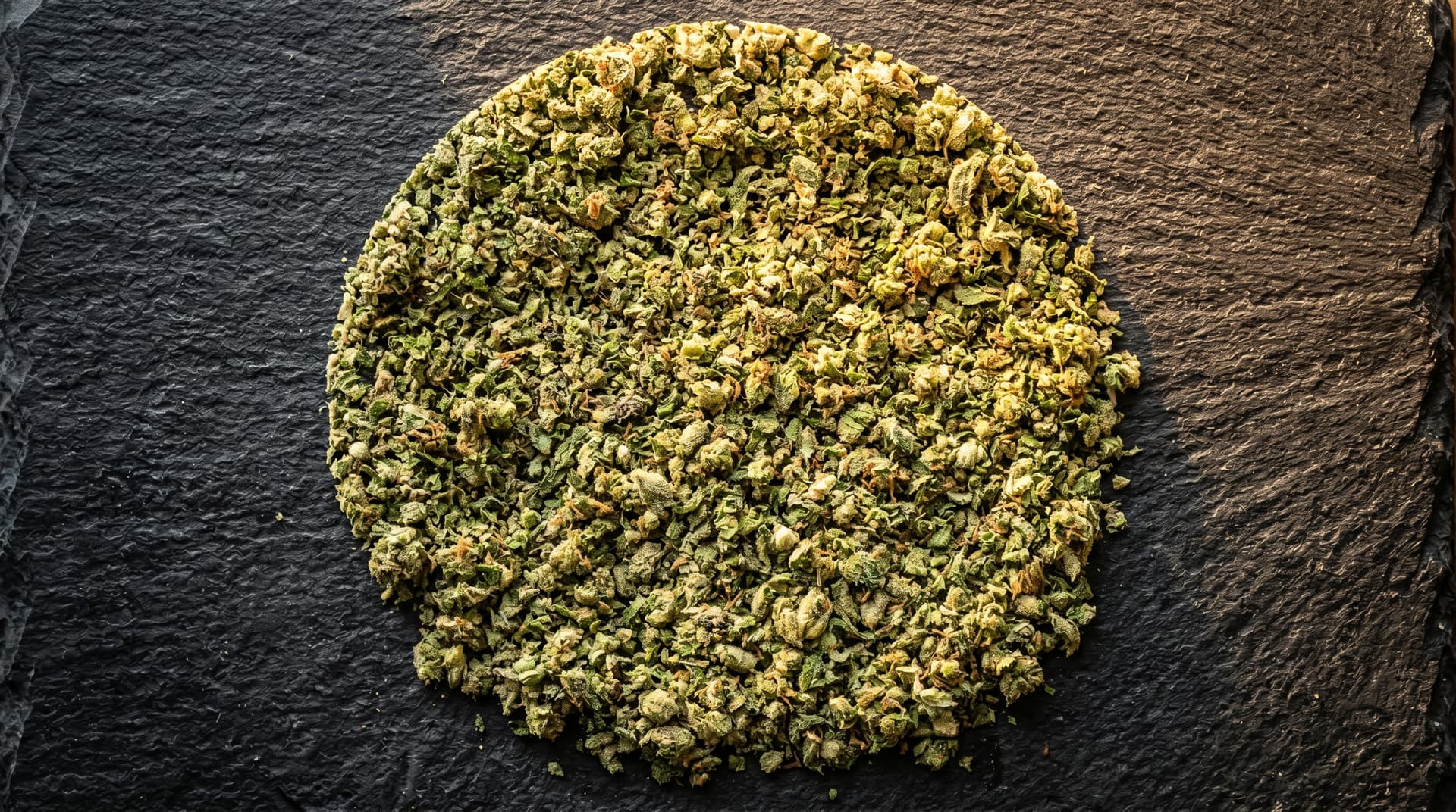 Makroaufnahme von oben: gleichmäßig gemahlene Cannabisblüten, verteilt auf einer dunklen Oberfläche