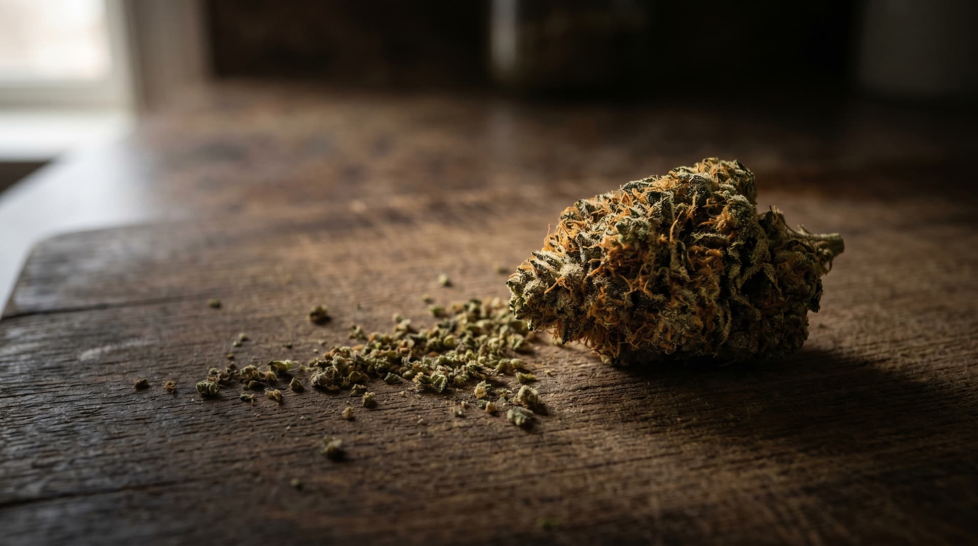 Overhead macro of finely ground cannabis on a matte ceramic surface with visible trichomes glistening, terpene-rich amber and green tones, two whole buds in soft focus behind the ground material