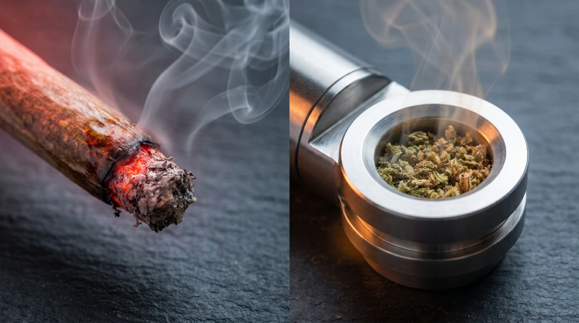 Split-frame macro: left half shows the glowing red-orange ember of a burning joint with rising gray smoke, right half shows a stainless steel vaporizer chamber with ground cannabis and soft amber heat glow producing fine vapor wisps