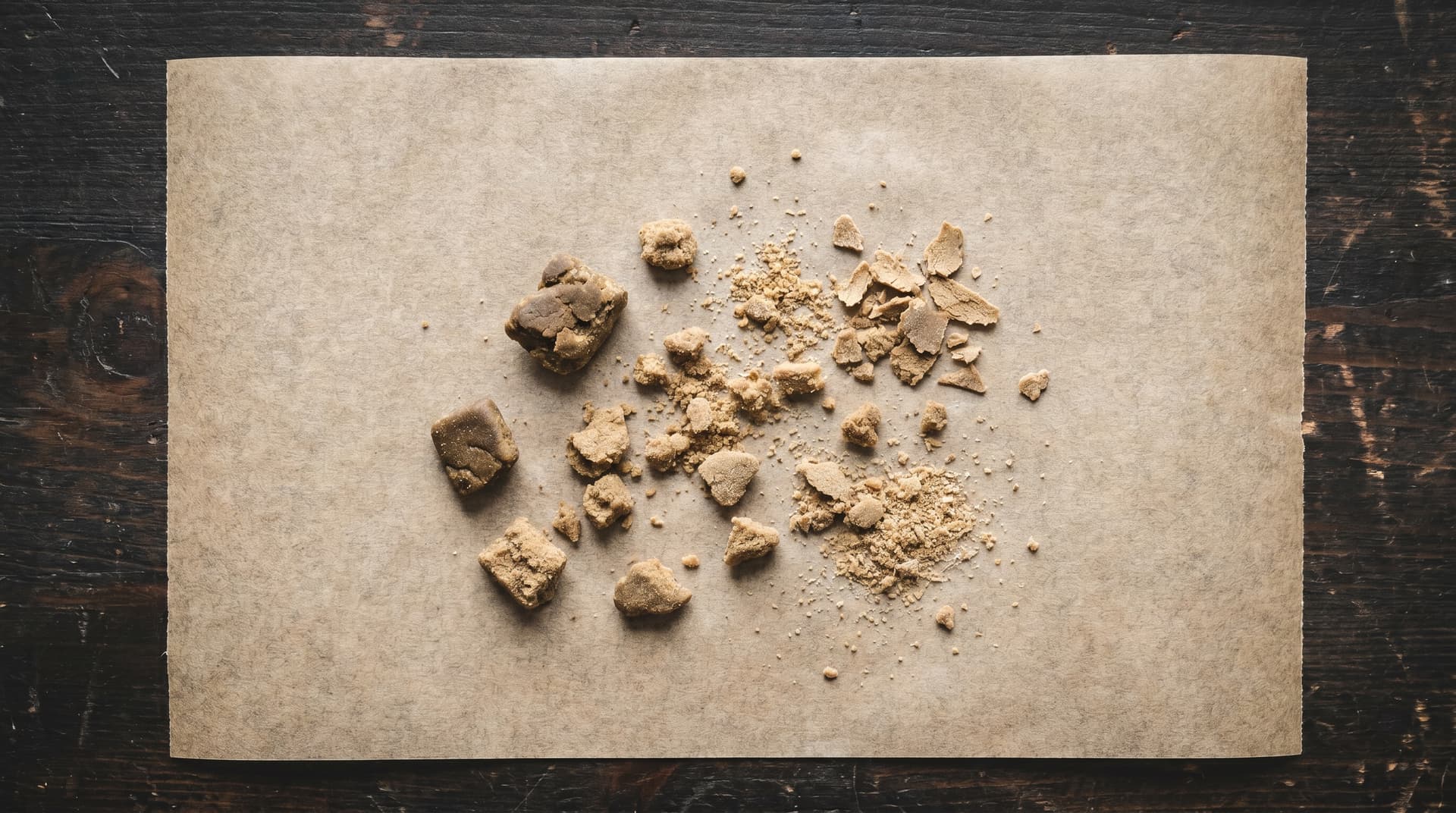 Top-down view of crumbled light brown bubble hash drying on a sheet of parchment paper, showing the transition from solid chunks to a drier crumbly texture