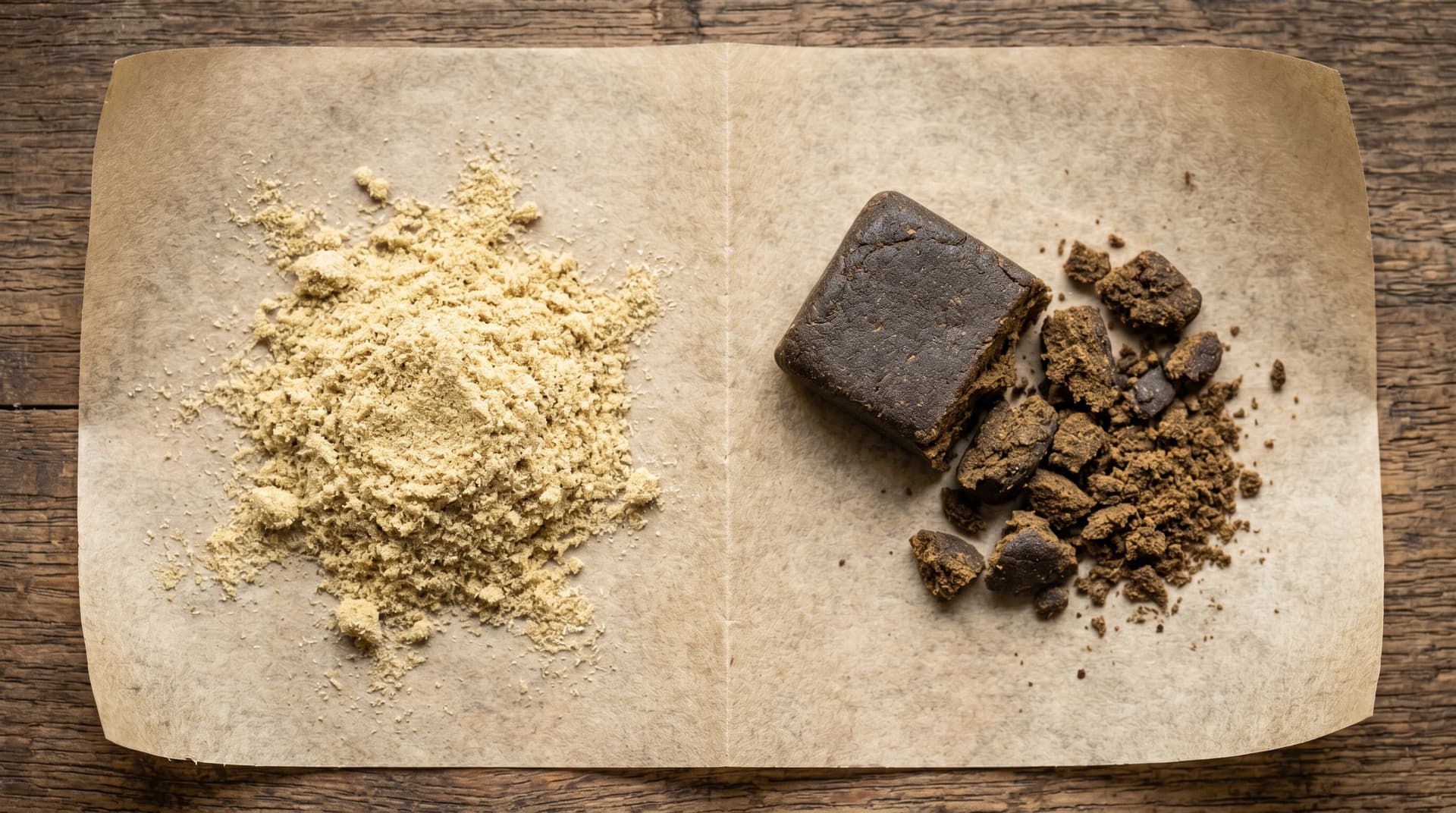 Top-down view of loose golden kief powder on the left and a crumbled chunk of dark brown pressed hash on the right, both on parchment paper