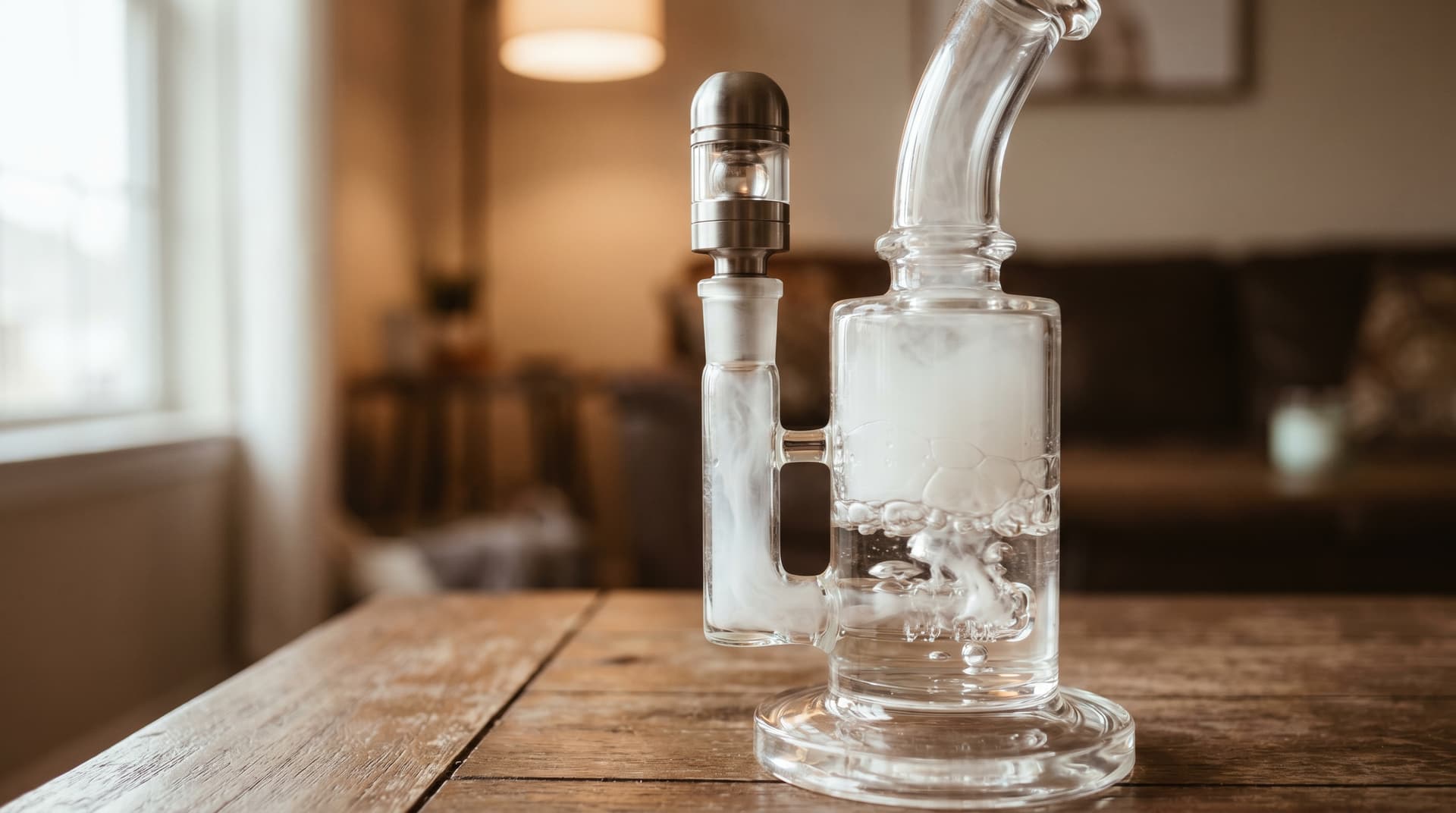 A ball vape head seated on a glass water pipe with dense, cooled vapor flowing through the chamber
