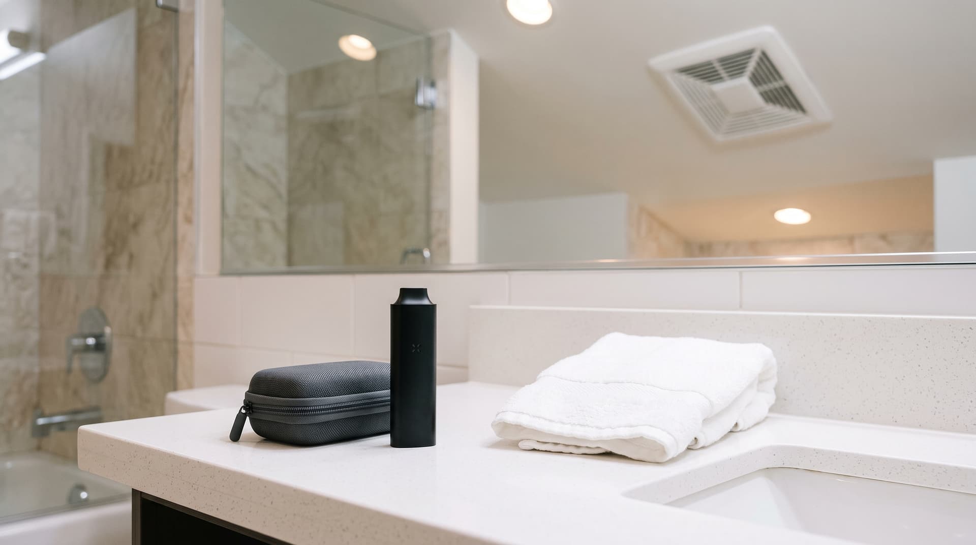 A portable vaporizer and smell-proof case on a hotel bathroom counter with an exhaust fan vent visible on the ceiling