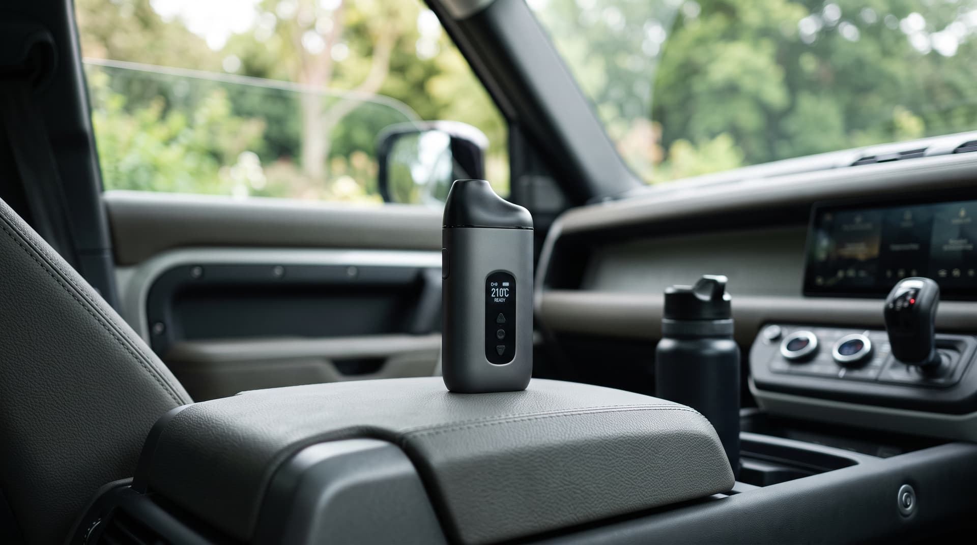 A portable vaporizer sitting on a car center console with windows cracked and green trees visible outside